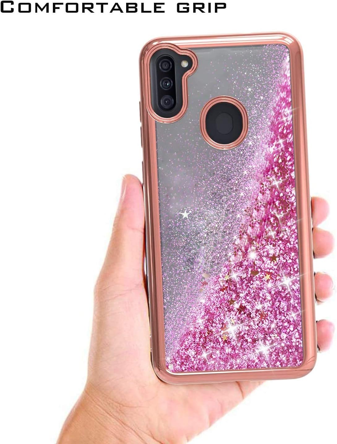 TJS Compatible with Samsung Galaxy A11 Case, with [Tempered Glass Screen Protector] Bling Glitter Sparkle Liquid Infused Stars Moving Drop Protector Cover Phone Case (Rose Gold)