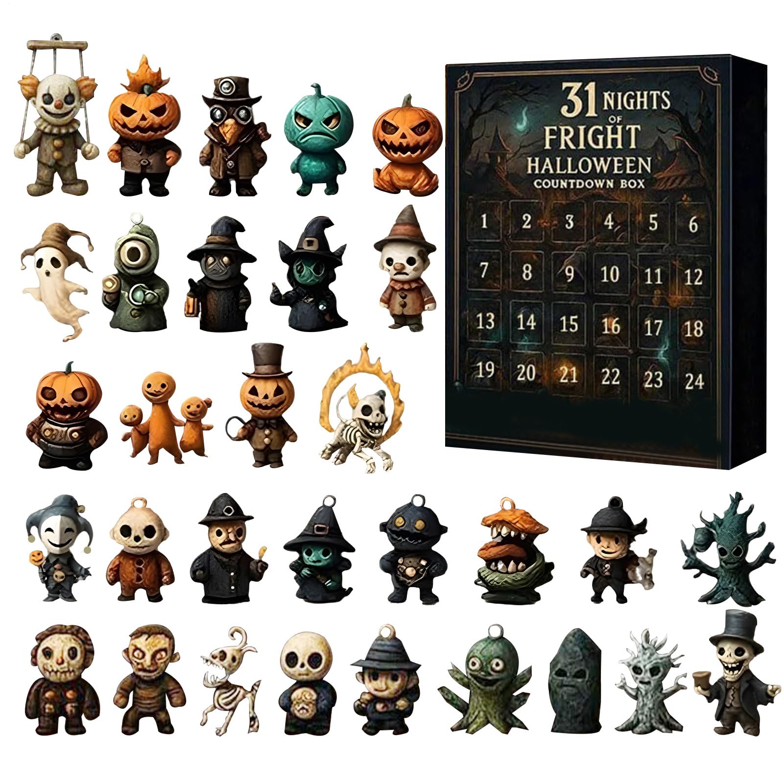 Juguetes de Adviento de Halloween 2025, figuras de terror, calendario de cuenta regresiva de Adviento, 31 noches de miedo, caja de cuenta regresiva de Halloween con figuras, adorno de escritorio