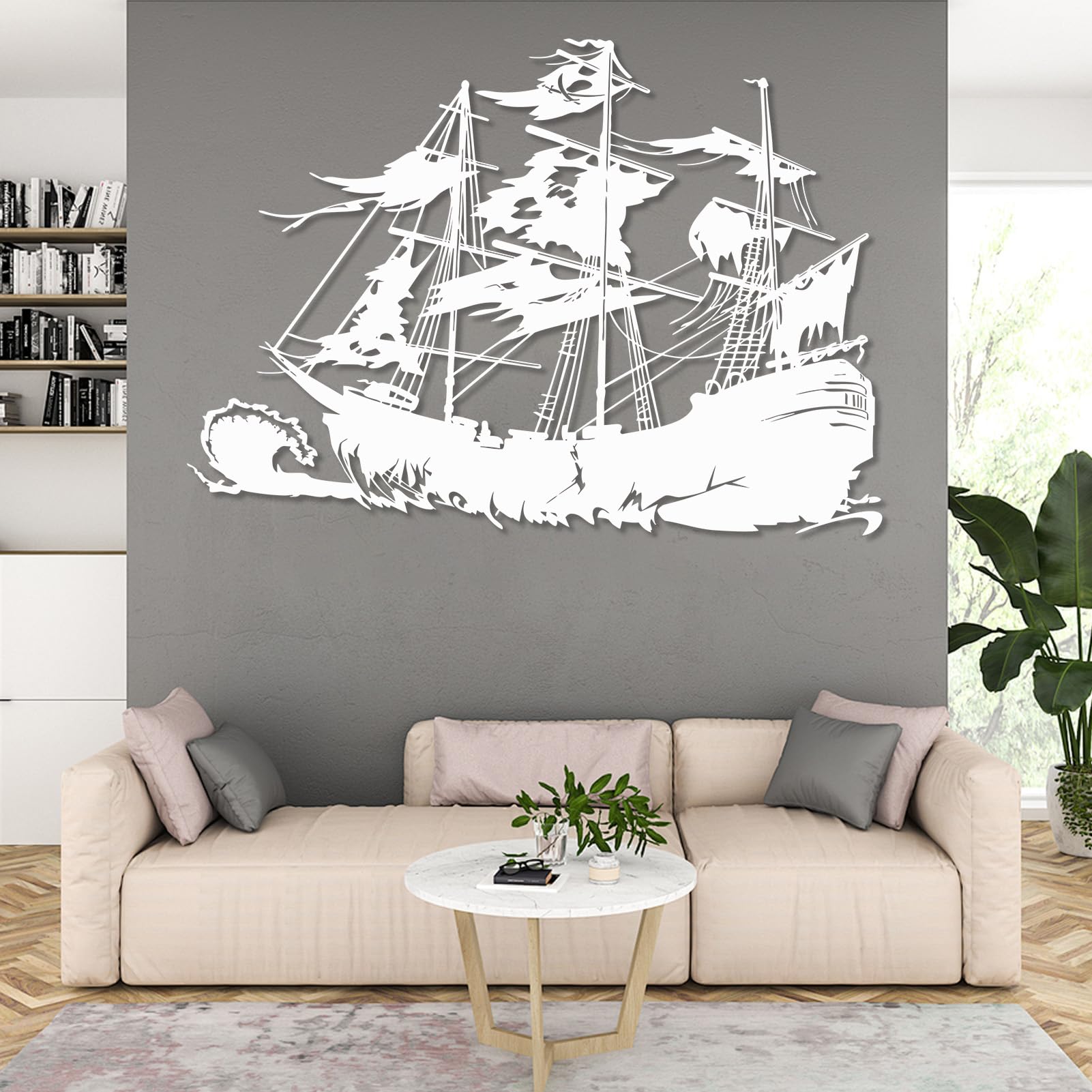 Décoration Murale en Métal Blanc : Bateau Pirate Idéal Salon 90x64cm