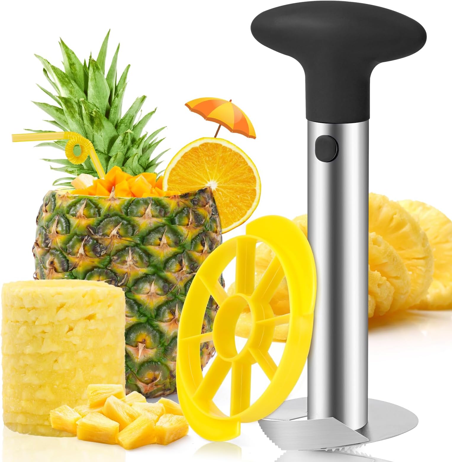 CUNSENR Premium Pineapple Corer and Slicer Tool - Pineapple Cutter with Sharp Serrated Tips - Easy to Use & Clean - Stainless Steel Core Remover for Pineapple - Slice and Core Fruits with Ease(Black)