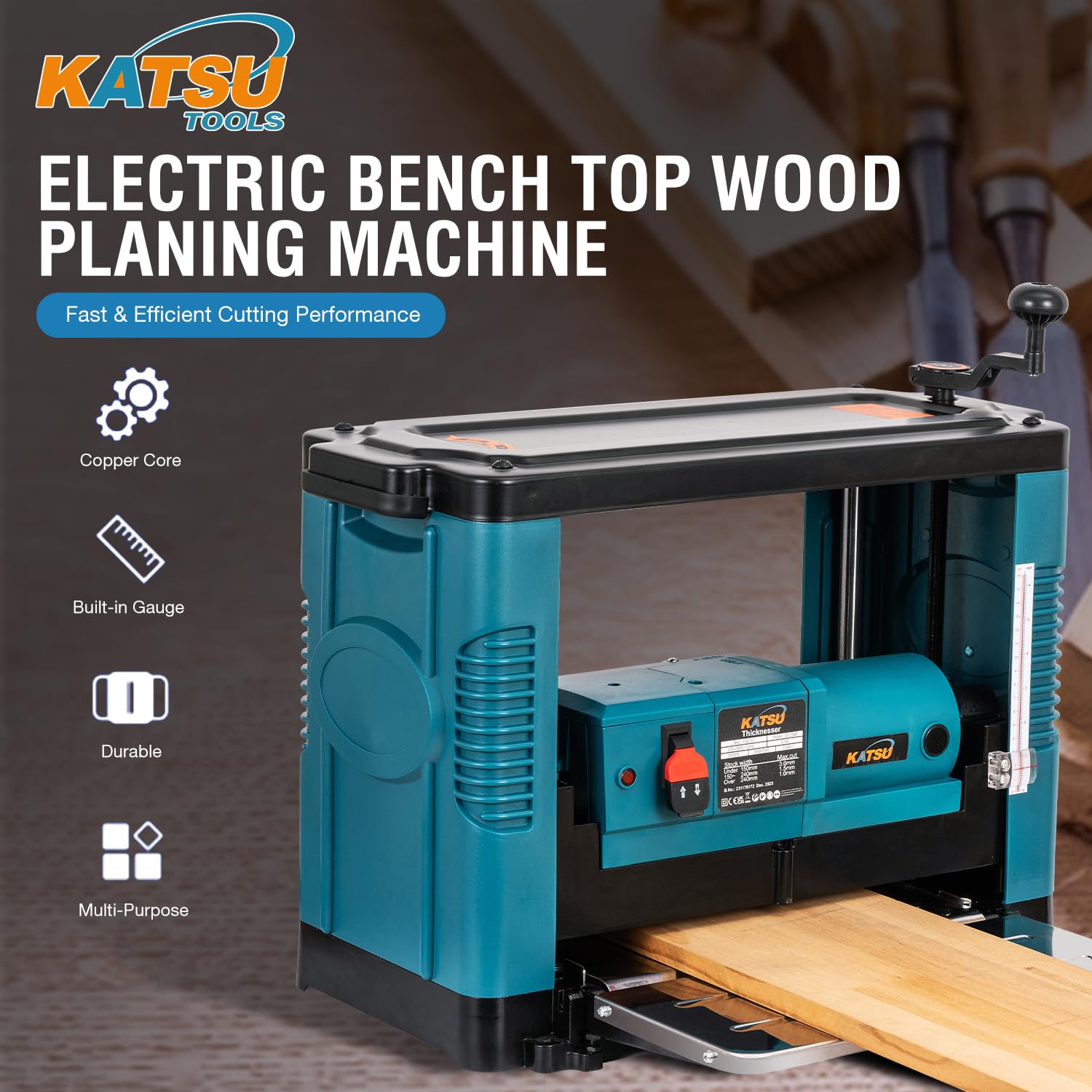 KATSU Tools Cepillo Eléctrica de Regrueso 330mm 1850W Regruesadora para Madera Carpintería Multifunción Máquina Cepilladora de Madera 100772