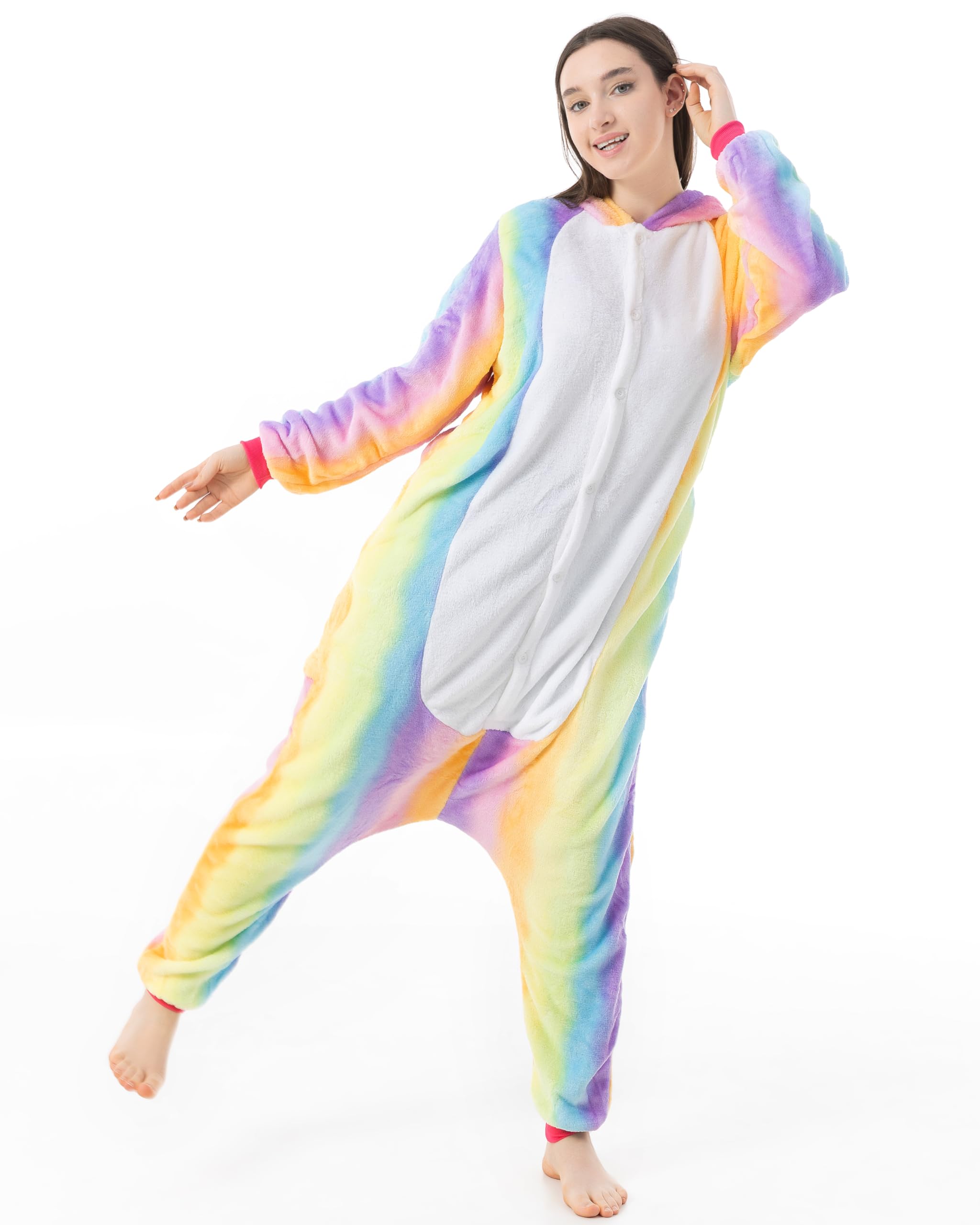 Katara 1744 Kigurumi Unisex Adulti Costume Animale Pigiama intero Carnevale, Unicorno Arcobaleno, 145-155cm