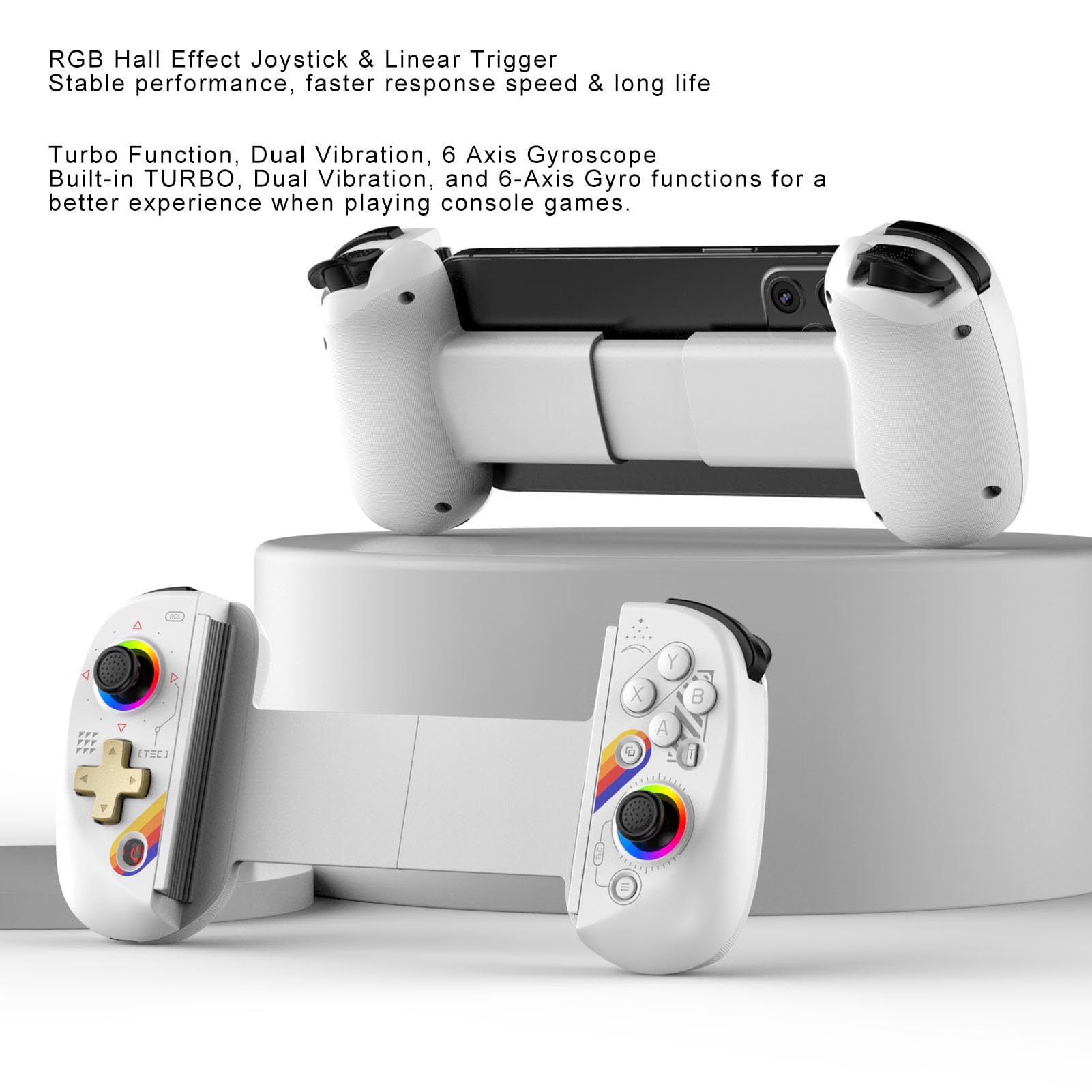 GOWENIC Controller di Gioco Mobile Senza Fili, Joystick Hall RGB con Vibrazione, Giroscopio a 6 Assi per Tablet IOS, Smartphone, PC, Design Antiscivolo, Alta Precisione
