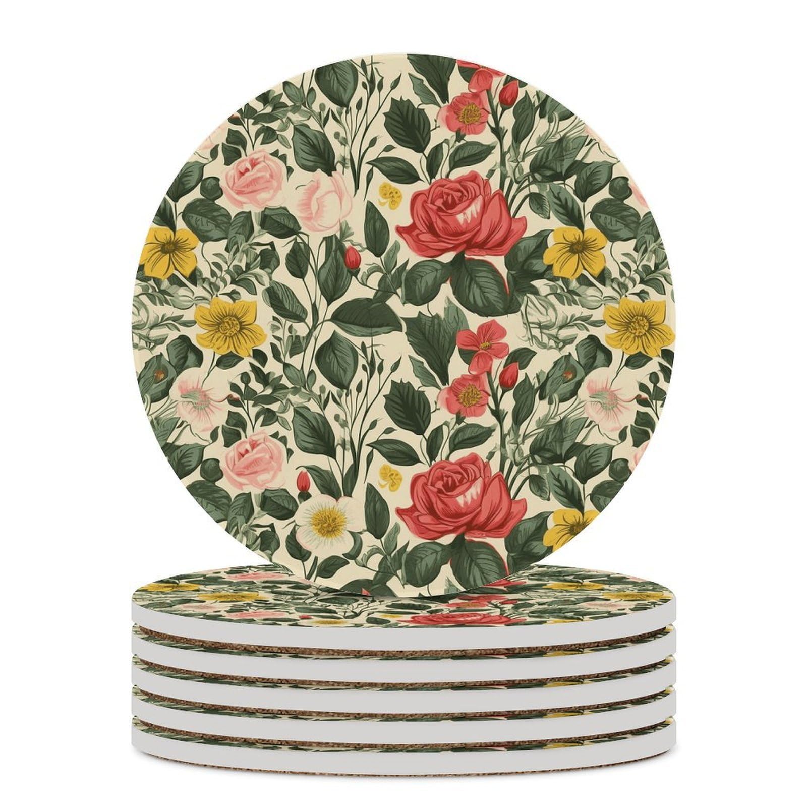 Khauerbc Style Rose Drink Coasters With Holder For Coffee Table,Ceramic Coaster With Cork Base,Ceramic Stone Coaster For Iced Cold Or Hot Drinks,4.1 Inches