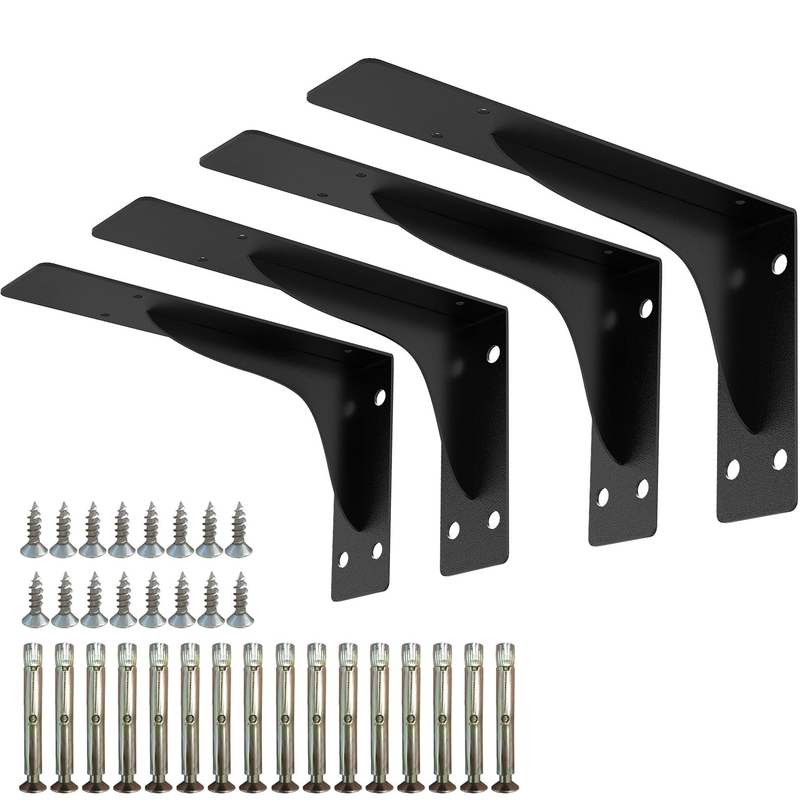 YUMORE 4pcs Shelf Brackets Black Industrial Floating Shelf Bracket 50mm Wide Metal L Brackets Right Angle Brace Wall Support for DIY Table Bookshelf, 290 * 143mm, with Metal Anchors & Screws