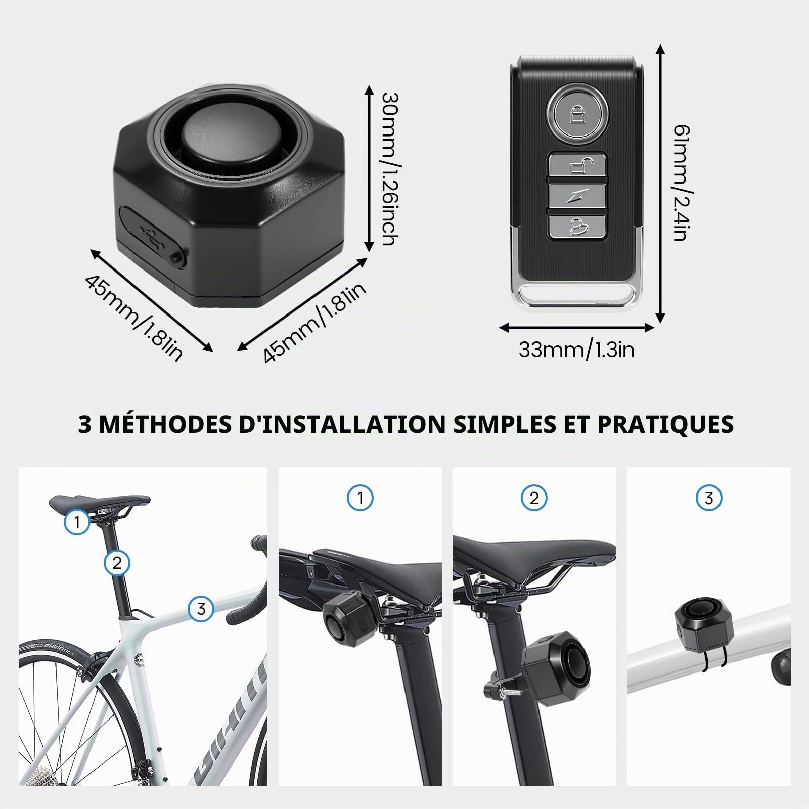 Alarme de Vélo Antivol Moto à Détection de Vibrations, avec Télécommande sans Fil 110 DB, Capteur Vibrations USB-C Wiederaufladbar E-Scooter Alarmanlage, pour Vélo Electrique, Moto, Scooter