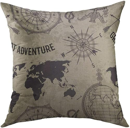 Mugod Funda de almohada decorativa para sofá, brújula de globo vintage, mapa del mundo, rosa, retro, gran aventura, estilo boceto en grunge,