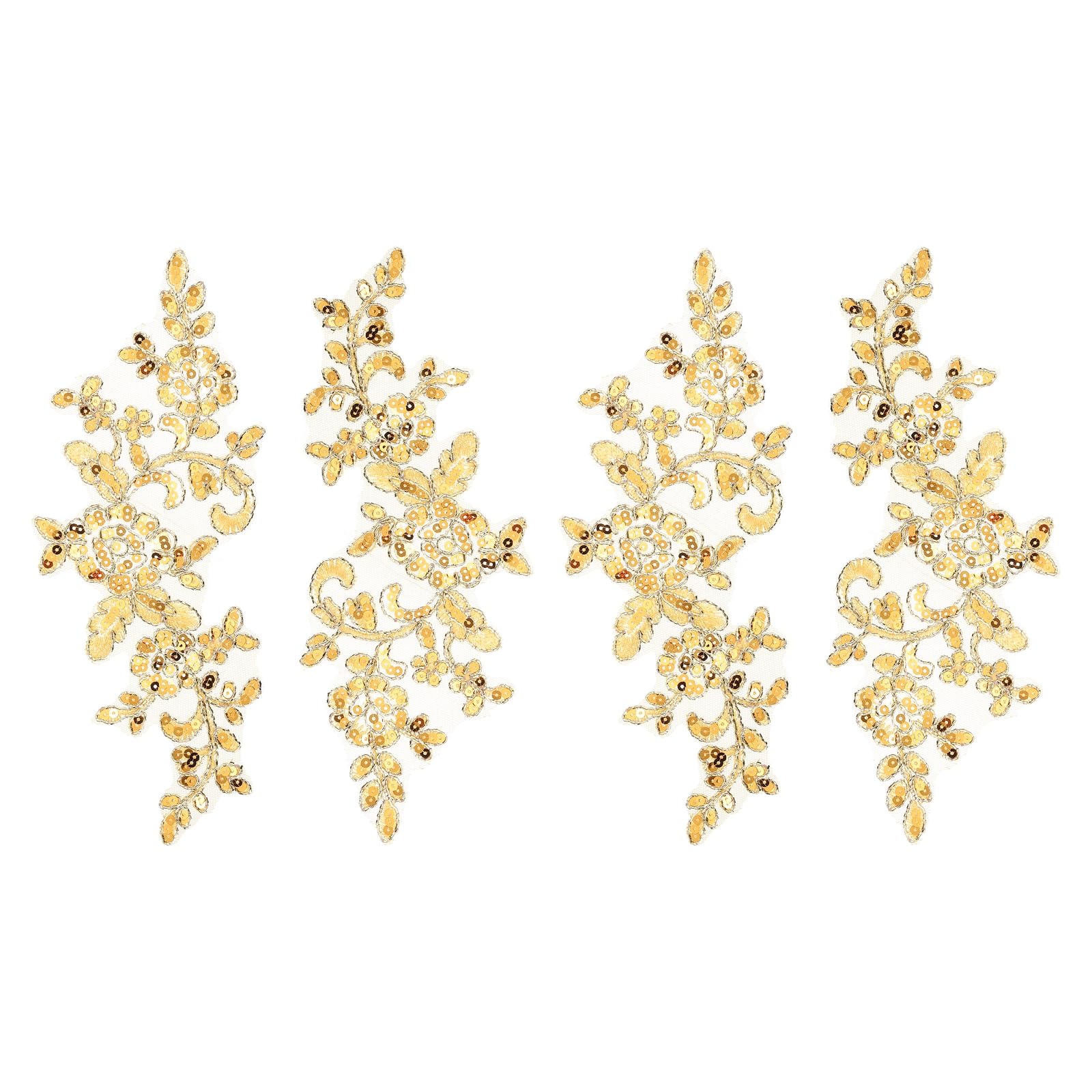 sourcing map 4 Pcs Flower Lace Appliques 3D Embroidery Lace Sequin Patch Sewing Addition Embellishments for Wedding Bridal Dress Clothes DIY Crafts Accessories Decoration, Bright Gold (24cm)