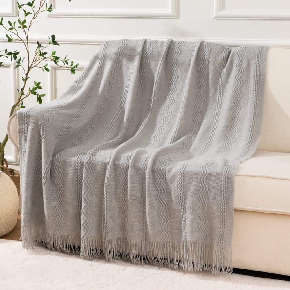 BATTILO HOME Light Grey Throw Blanket for Couch, Geometric Grey Bed Throws Decorative Boho Blanket for Sofa Living Room, 50"x60" - Image 3