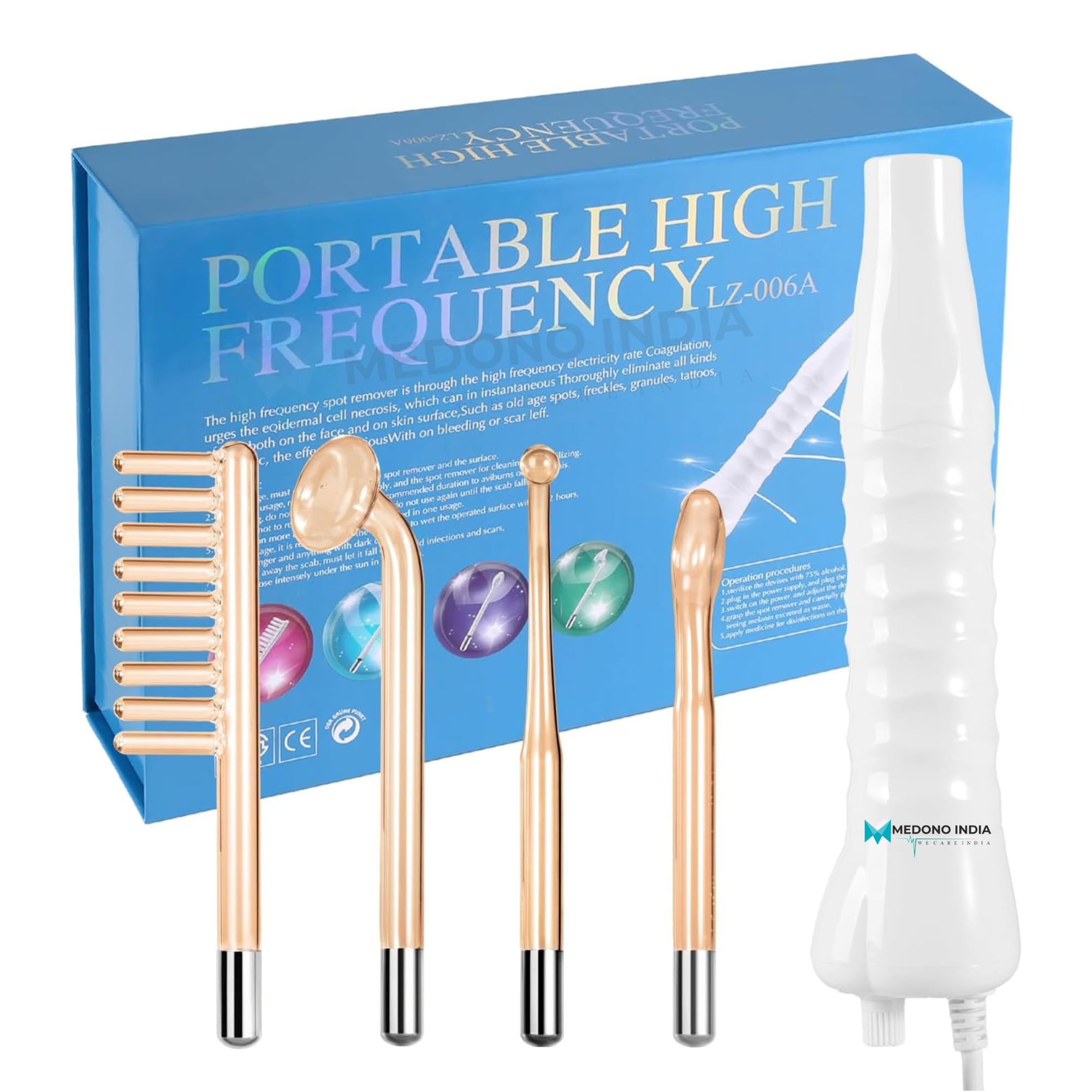 Medono India High Frequency Facial Device Original Portable 4-in-1 Handheld High Frequency Wand for Hair and Face | Use For Acne Spot Care, Skin Tightening, Wrinkles, Puffy Eyes & Dark Circles
