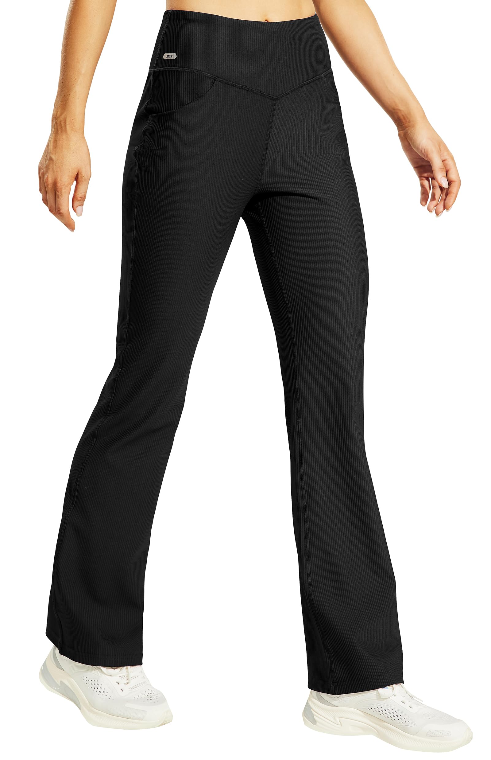 MIER Women's Ribbed Bootcut Yoga Pants with Pocket High Waist Flare Bootleg Workout Leggings Tummy Control Bell Bottom