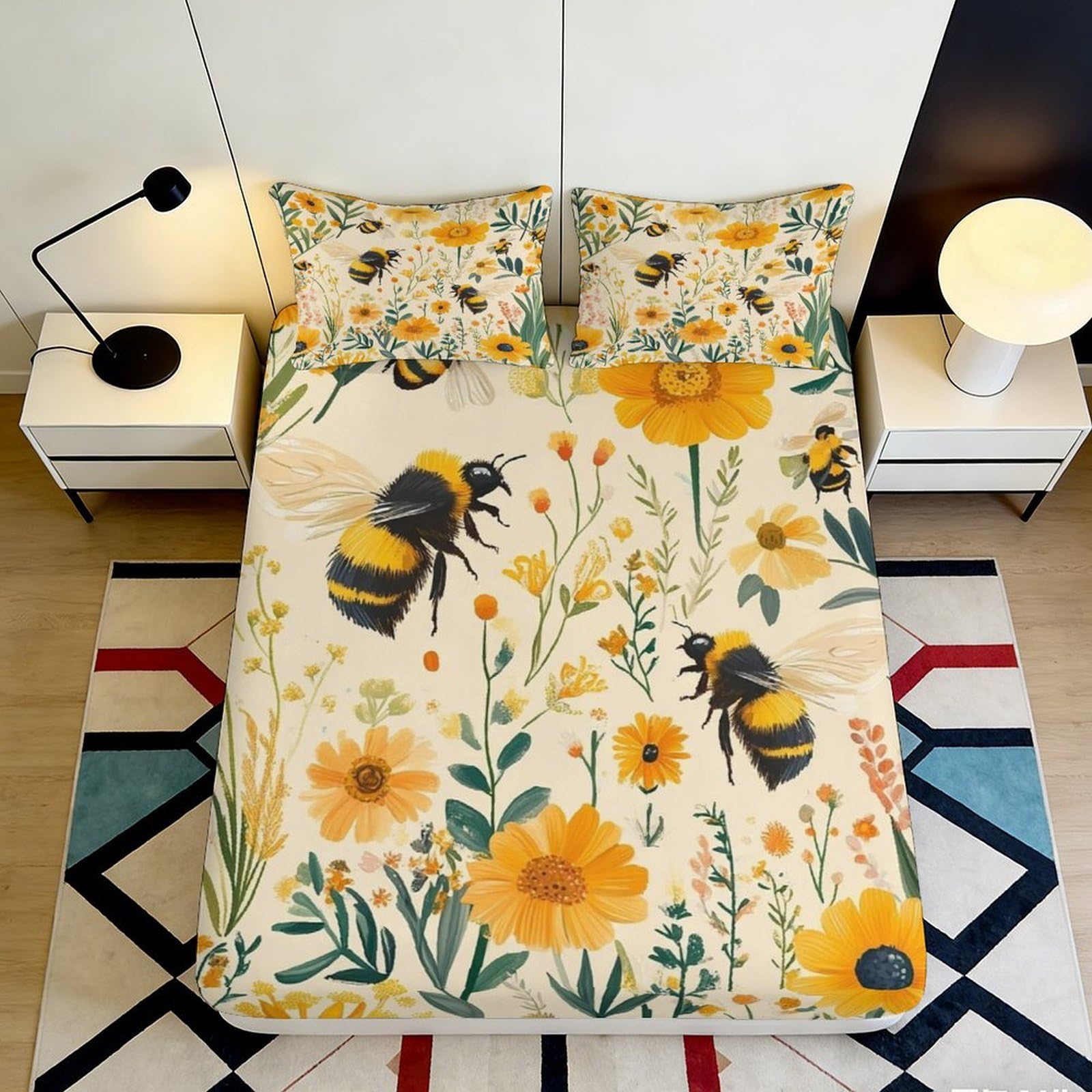 3D Printed Sunflower Bee Fitted Sheet Microfiber Non Slip Floral Mattress Cover for Bedroom Decor Washable 90x200x25cm