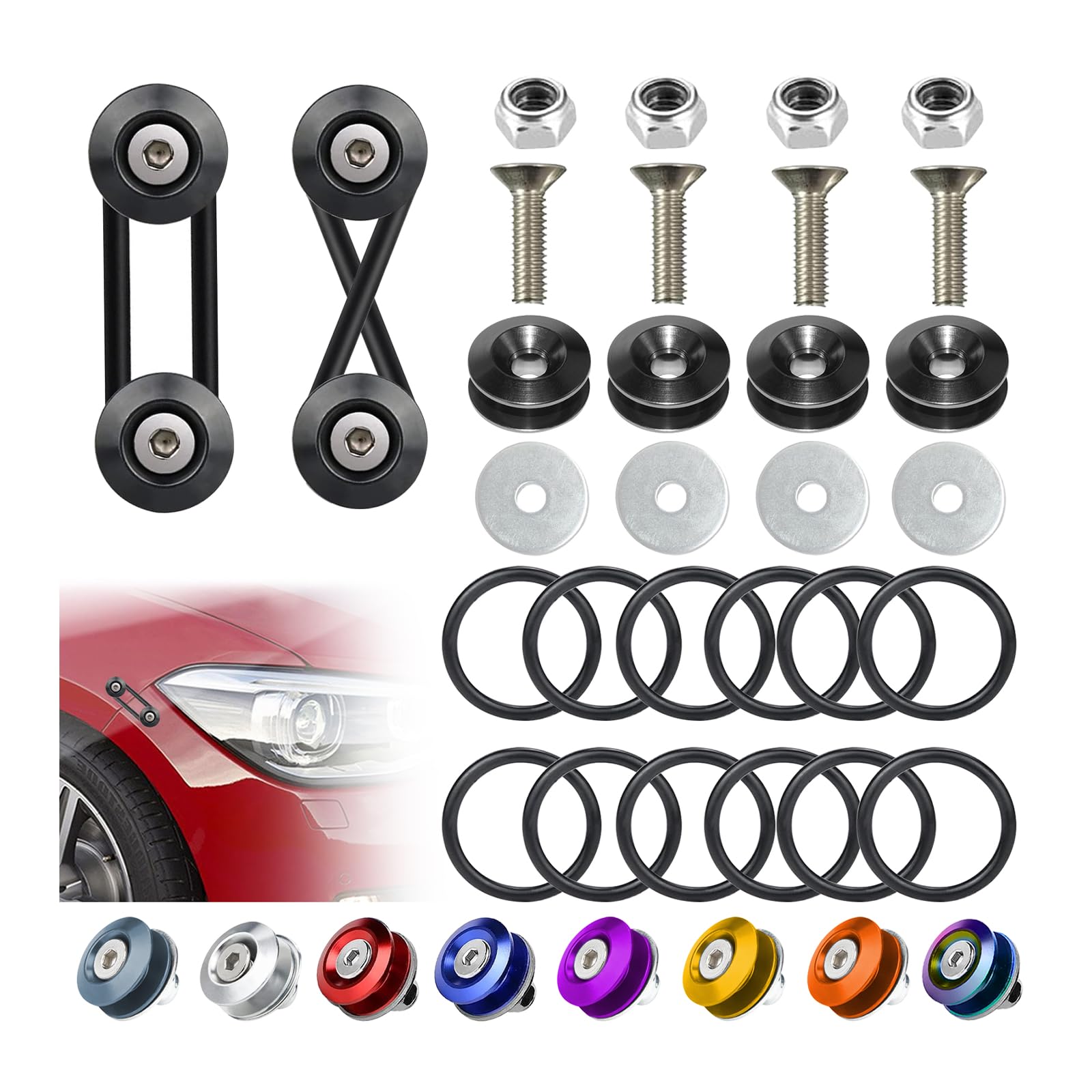 BFXM Universal Bumper Clips, Front Rear Bumper Quick Release Kit, Bumper Holders for Cars (4 Black Bumper Quick Release Tabs and 12 Customized O-Rings)