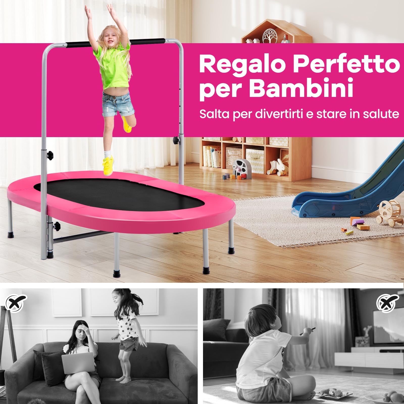 COSTWAY Trampolino Elastico da Interno ed Esterno, Tappetino Elastico Pieghevole per Adulti e Bambini con Maniglia Regolabile, Molle e Cuscinetto di Sicurezza, Trampolino Ovale per 2 Persone