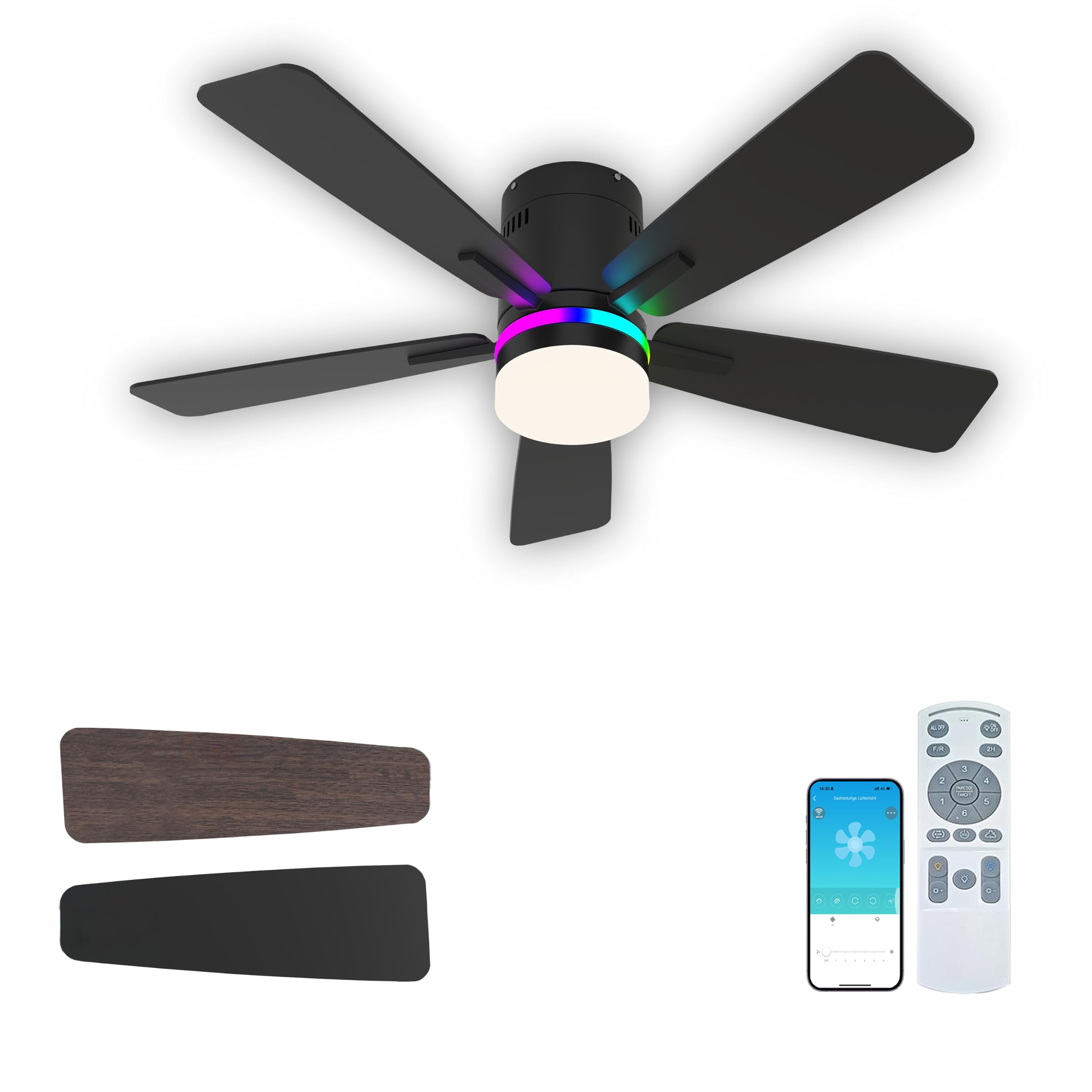 106cm RGB Deckenventilator mit Beleuchtung Leiser DC-Motor für Schlafzimmer | Fernbedienbar und App, Dimmbare LED, 6 Gänge,Timer, Doppelseitige Flügel Winter- und Sommermodus, für Wohnzimmer