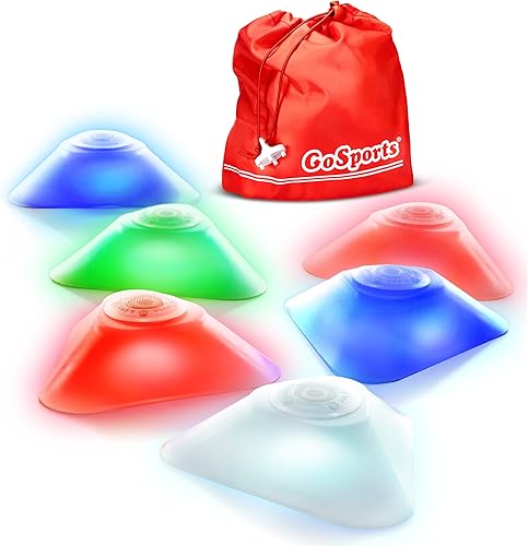 GoSports Conos de luz modernos, ciclo entre 4 colores LED para deportes, seguridad de tráfico y juegos que brillan en la oscuridad, paquete de 6