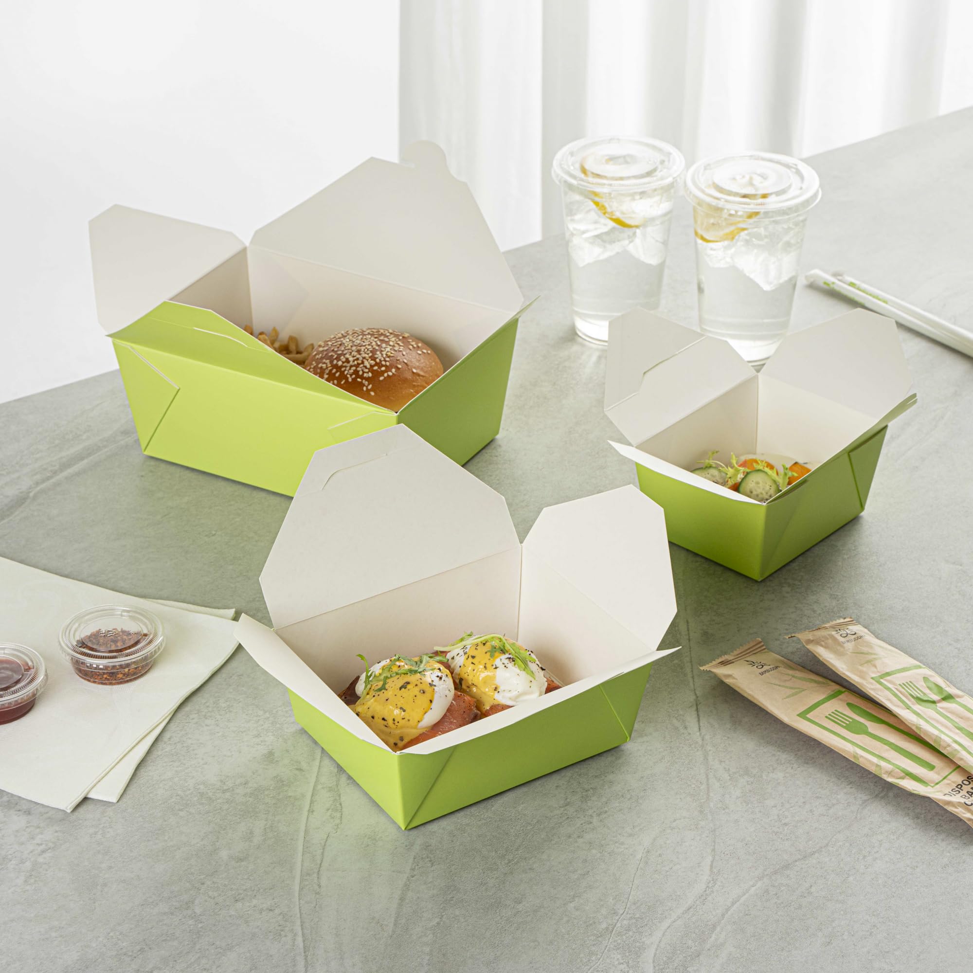 Restaurantware Bio Tek - Cajas para llevar de 1,275.7 g, 50 loncheras para llevar, con cierre de pestañas, resistentes al calor, de papel verde, desechables, a prueba de grasa, para alimentos fríos y