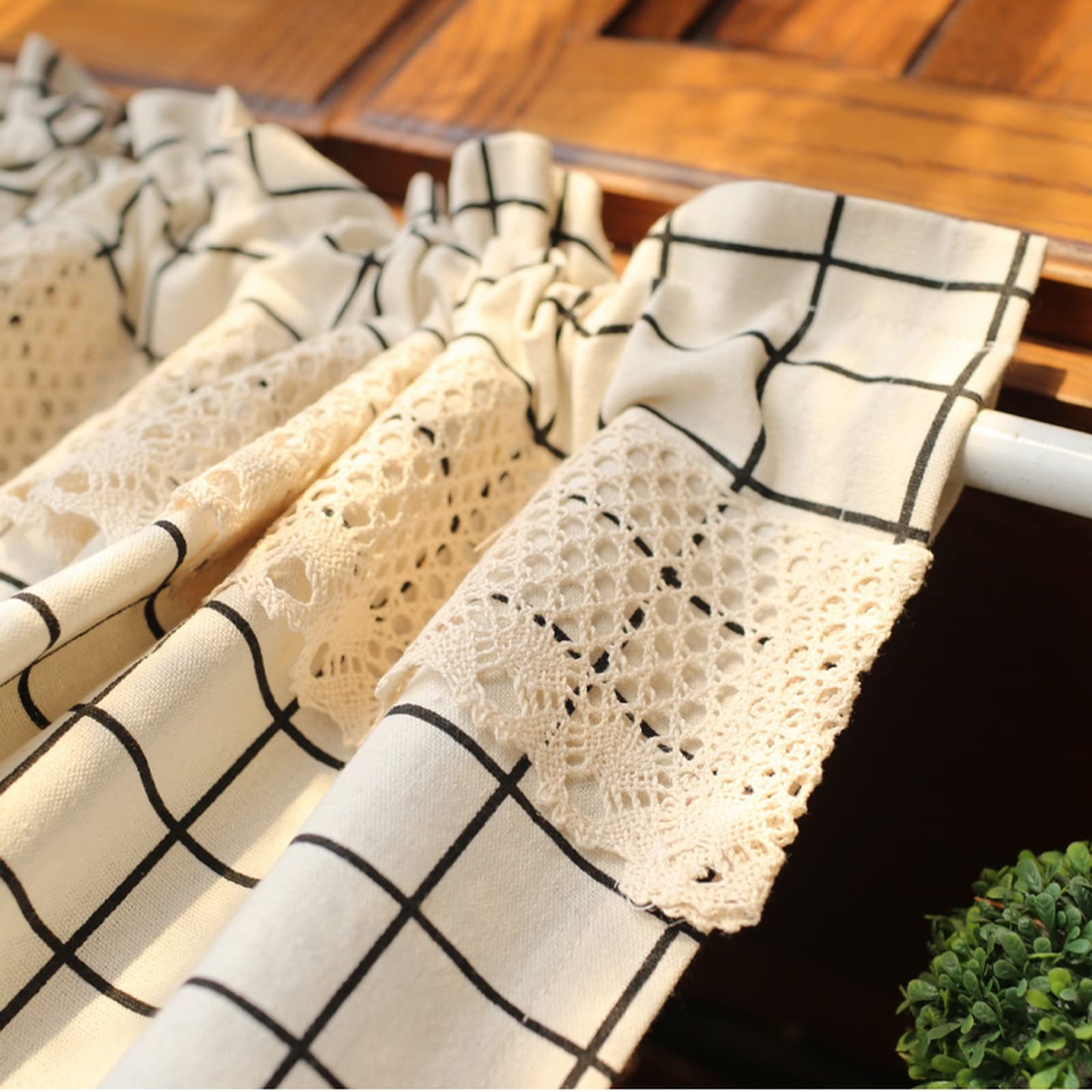 A.Monamour Gardine Scheibengardinen Kurzstores Landhausstil Baumwolle Leinen Spitze Schwarz Weiß Kariert Blickdicht Kurzvorhang Kurzgardinen Küche Vorhang Fenster Kurz Stores Bistrogardine