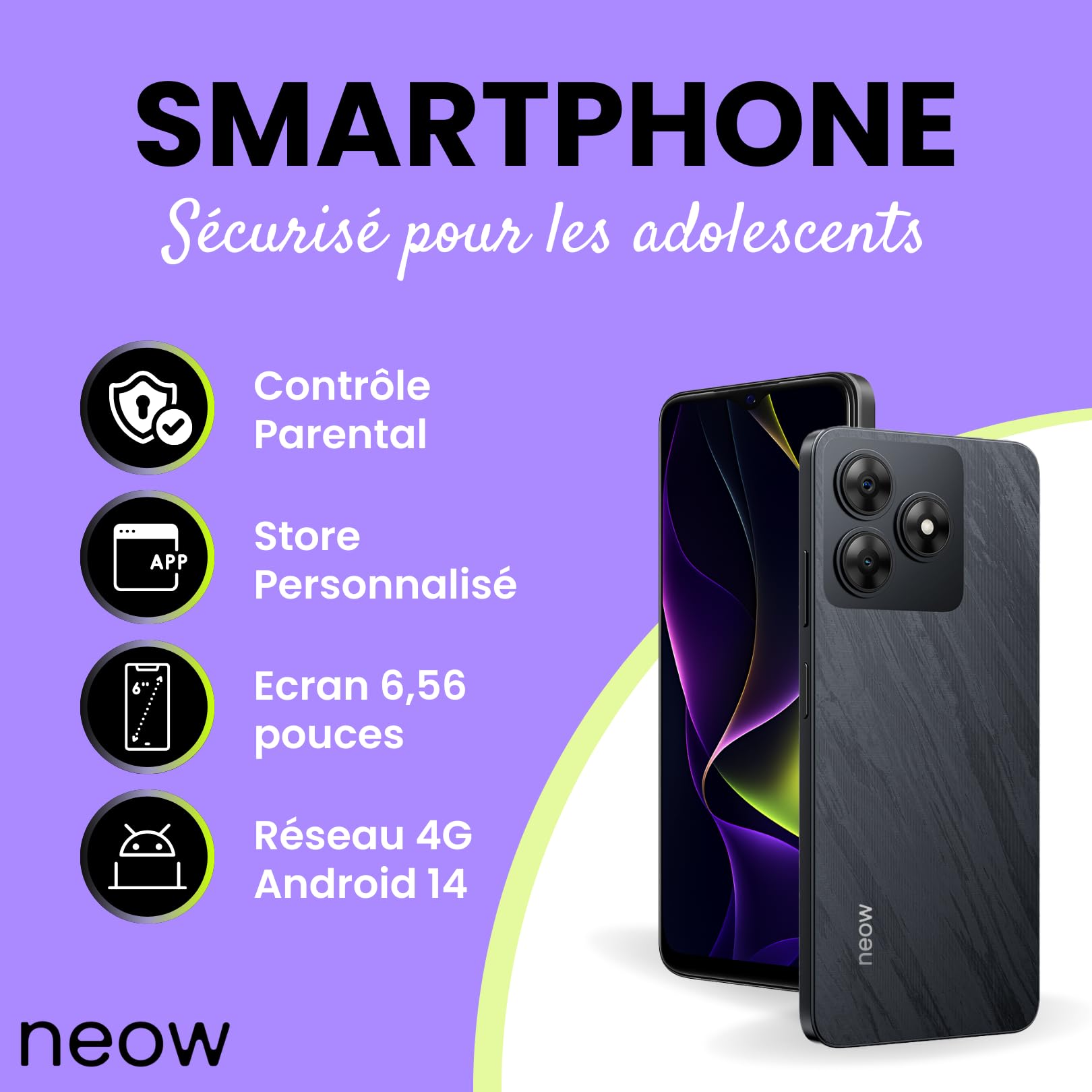 Neow Safe (Smartphone pour Adolescent - 6.6'' - 64 Go, 3 Go RAM) Noir
