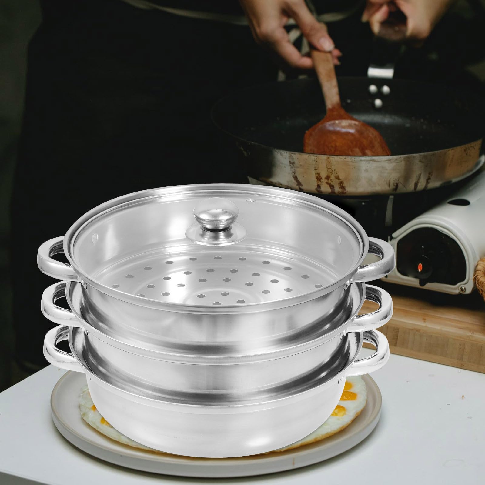 Dampfgarer aus Edelstahl 3-stufig mit Glasdeckel und Zwei Griffen Hitzebeständig und Praktisch für Schonendes Dämpfen von Gemüse und Speisen zu Hause