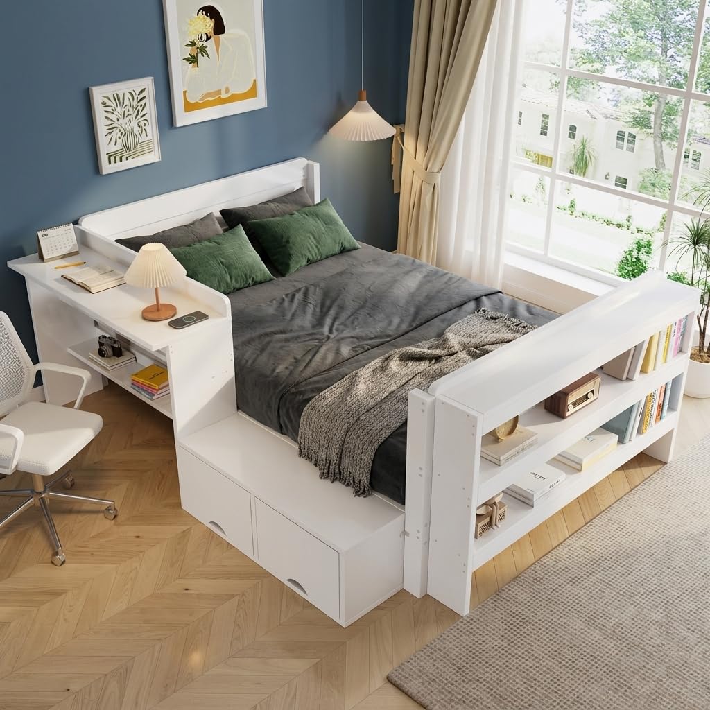 Sommier 120x200 avec Compartiment de Rangement Cadre en Bois avec Rangement Intégré Structure en Bois avec Bureau Intégré avec Coffre pour Chambre d Invités Blanc