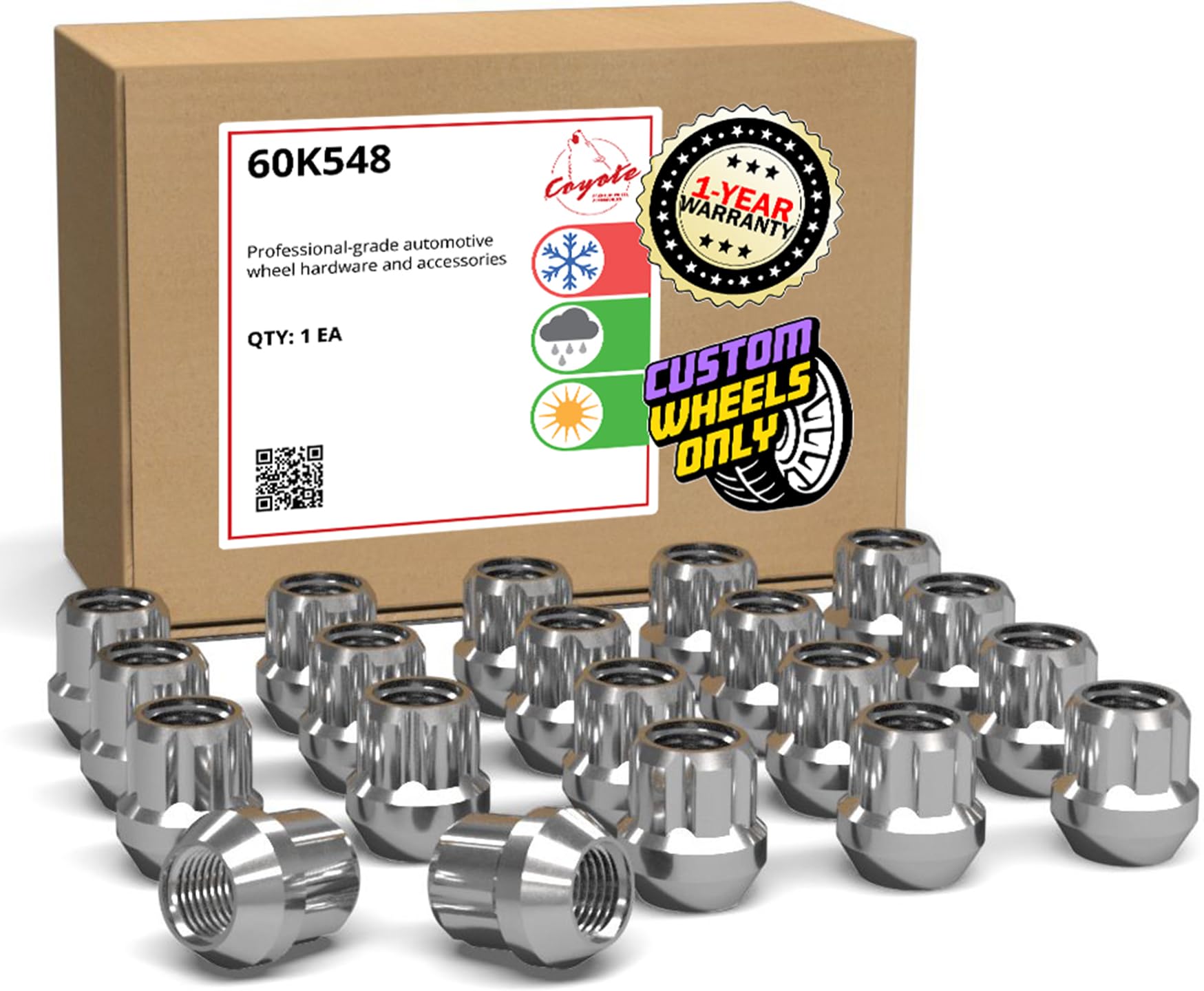 Wheel Accessories Parts 20 Pcs M14x1.5 Thread OE Acorn 25mm 1.00" Long Spline Lug Nuts Chrome Truck Spline Hex Fits Chevy Camaro ｜ Dodge Charger Challenger ｜ Ford Mustang ｜ Jeep Wrangler