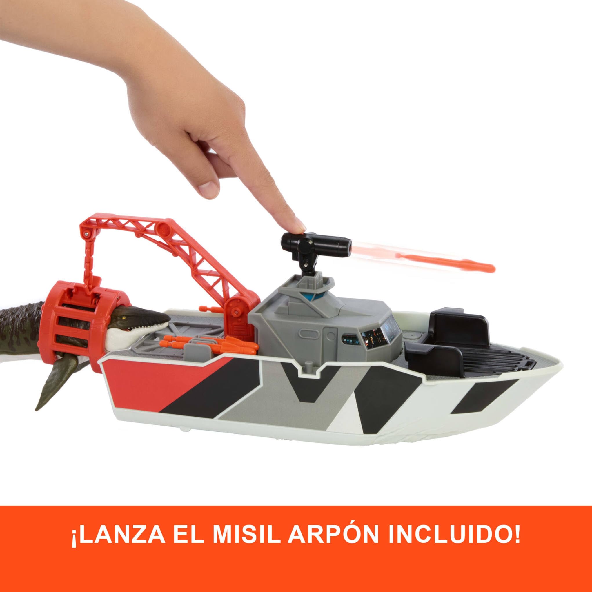 Mattel Jurassic World: El Renacer Matchbox Barco de rescate y mosasaurio, Conjunto de juego, barco de rescate dinosaurio, Jeep metálico, misiles arpón y bote de rescate desmontable, JGG61