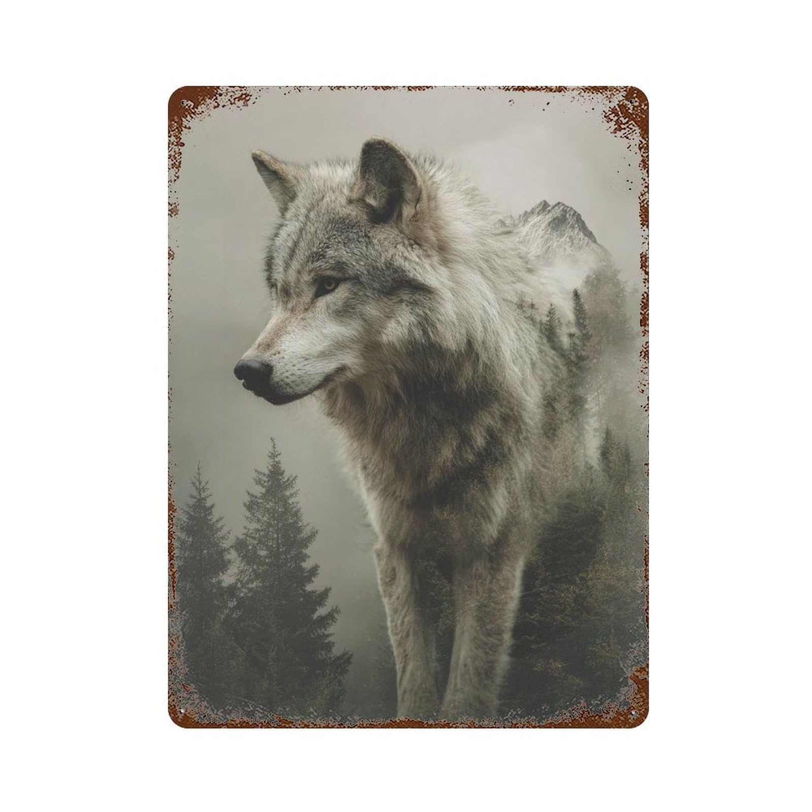 Wolf in Forest Landscape Weathered Tin Sign 15.7"x11.8", Classic Wall Plaque for Garage, Bar And Workshop Decor