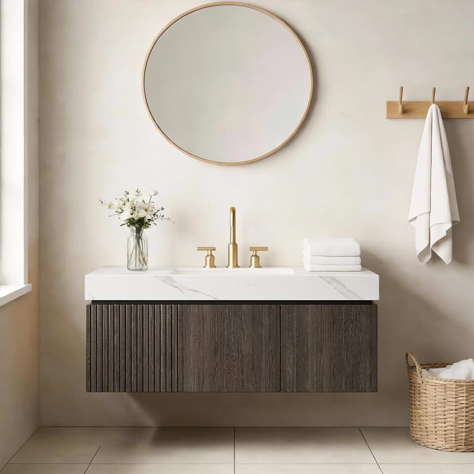 48" Floating Bathroom Vanity with Sink, Plywood Storage Cabinet Dark Walnut