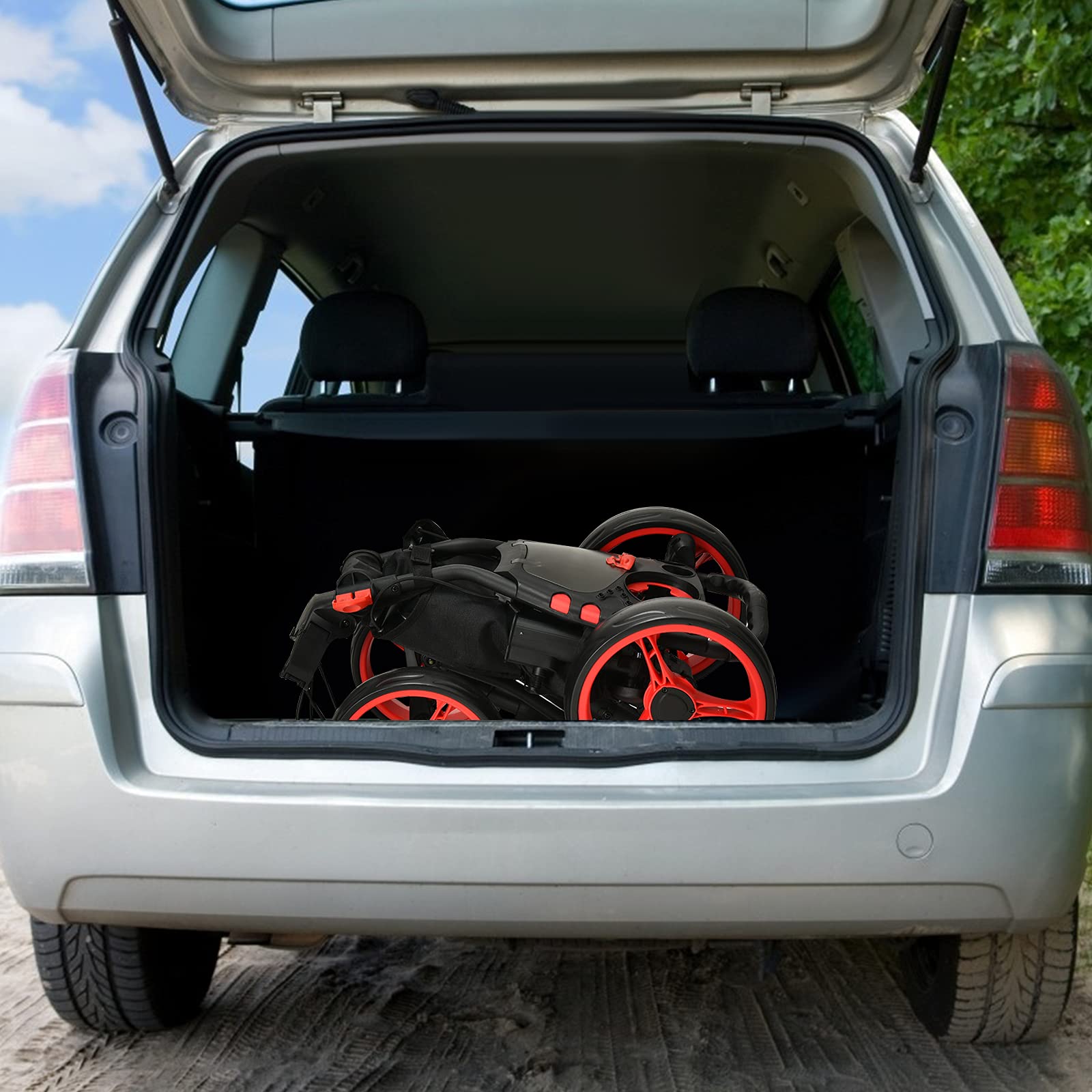 GYMAX Carrito de Golf Plegable de 4 Ruedas, Posiciones de Altura Ajustables, Ligero, con Soporte para Paraguas Ajustable, Bolsa Impermeable, Refrigerador Incorporado, Freno de Pie