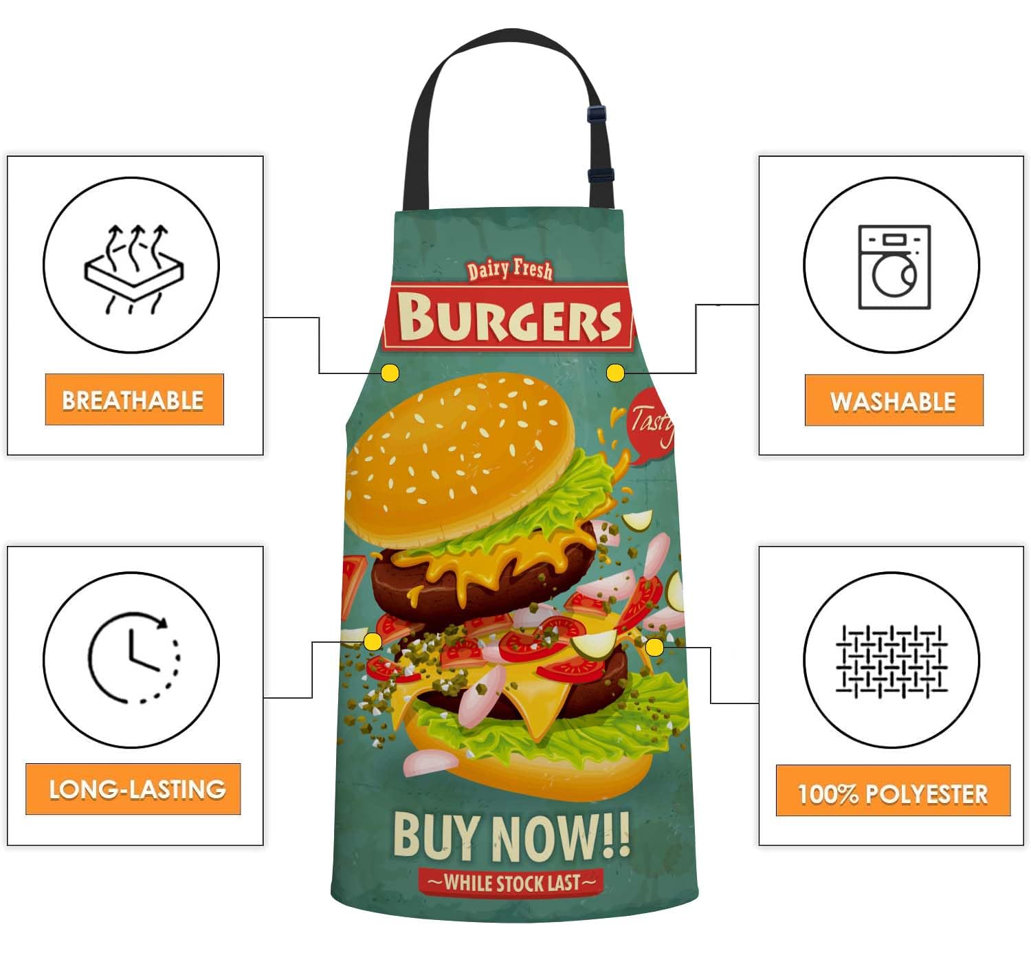 Smooffly Vintage Burger Poster Apron - Unisex Adjustable Bib Apron for Home Kitchen Restaurant, Coffee House - Image 4