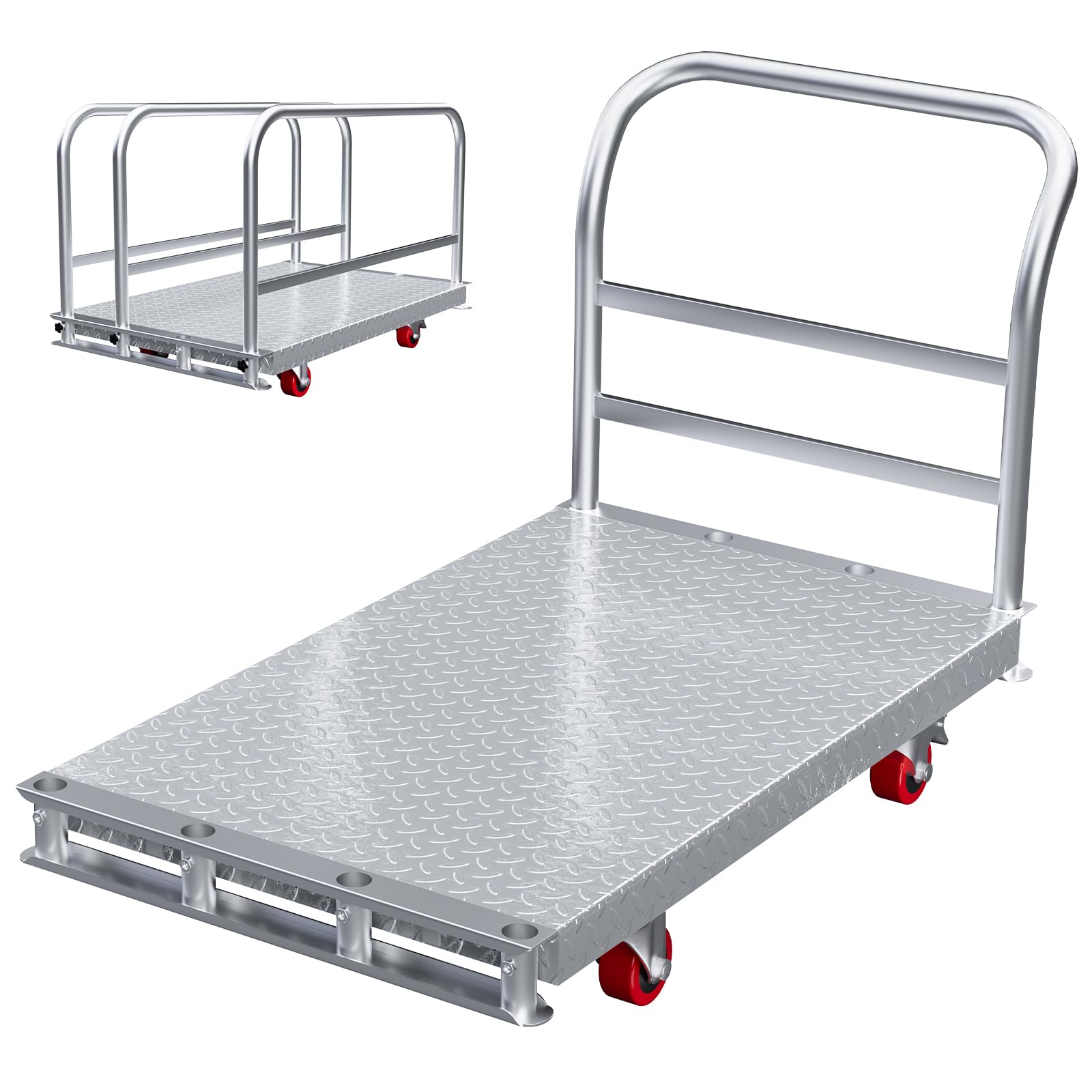2-in-1 Heavy Duty Platform Truck Push Cart Dolly, Industrial Foldable Large Flatbed Cart with 6.2'' Wheels, 3 Side Handrails for Groceries, Garage, Warehouse Loading and Storage (44