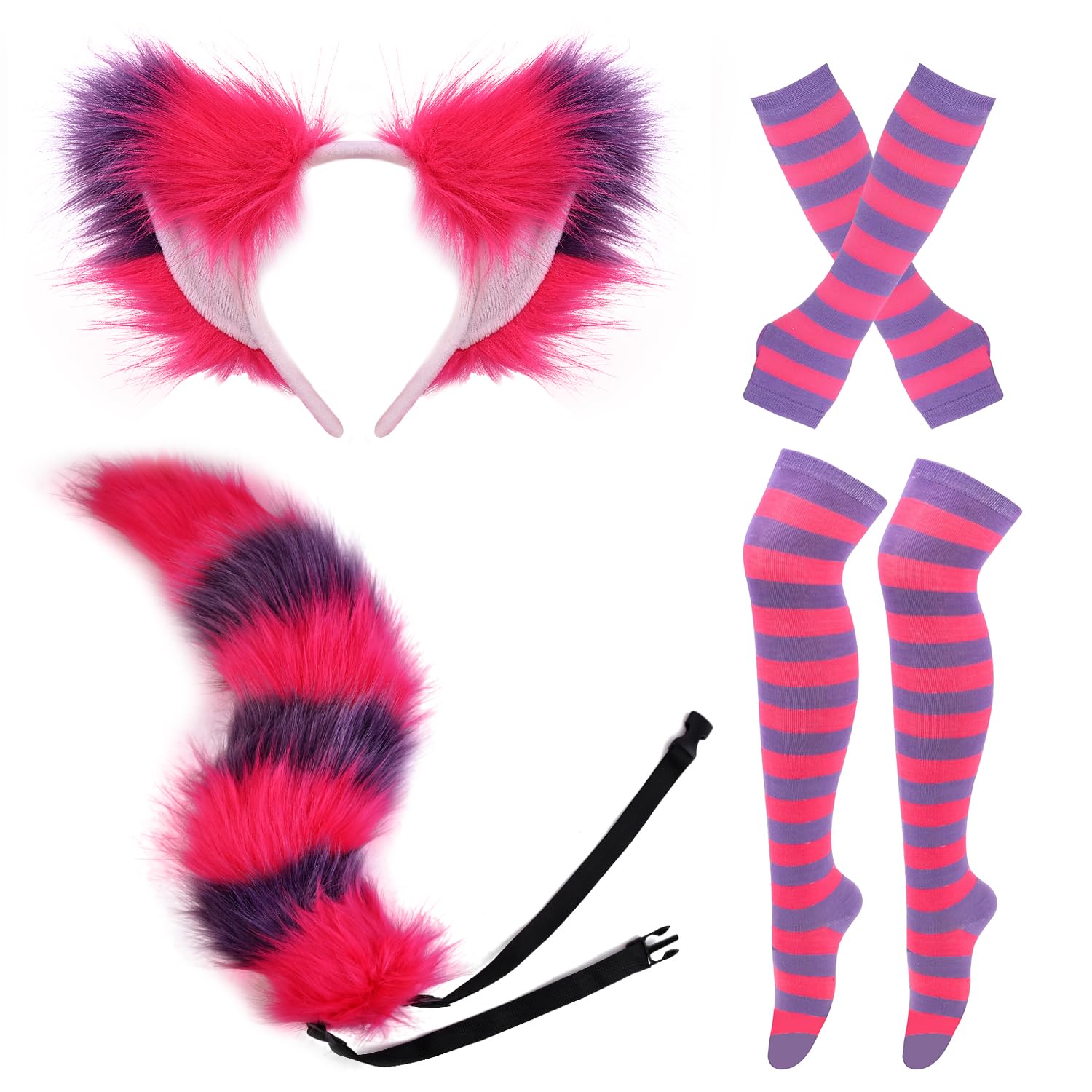 Cat Costume Set for Halloween Dress Up,Cat Ears and Tail Cosplay Costumes for Women,Pink Purple Striped Gloves and High Socks
