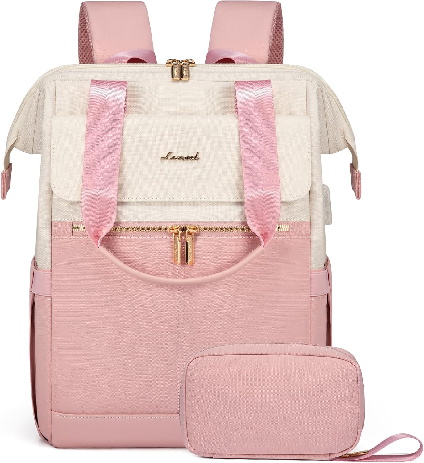 LOVEVOOK Laptop Backpack for Women, 15.6 Inch Work Laptop Bag with USB Port, Fashion Teacher Nurse Backpack Purse, Waterproof Travel Computer Backpack with Organizer Bag, 2PCS, Beige-Pink