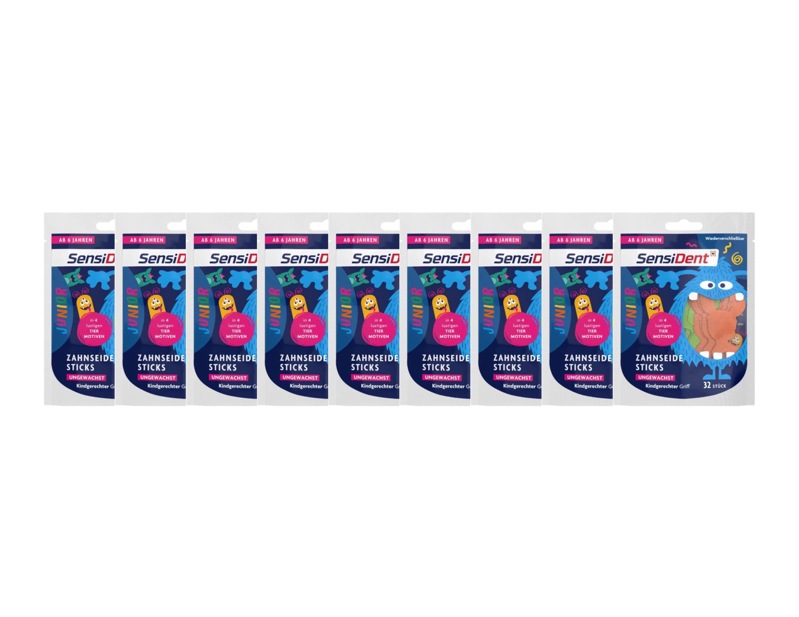 9x Sensident Junior Zahnseide Sticks Ungewachst