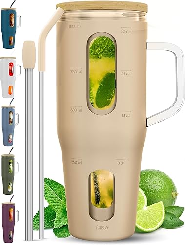 fullstar Vasos de vidrio con tapas y pajitas, vasos para beber, vaso de vidrio con popote y tapa, tazas de café helado, tazas de café de vidrio con