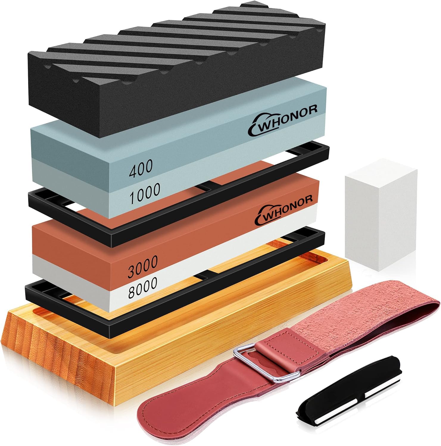 Whonor Knife Sharpening Stone, 400, 1000, 3000, 8000, Double Sided Whetstone, 2-Piece Set, Rough, Medium Sharpening, Finish Sharpening Stone, Bamboo Anti-Slip Stand, Correction Stone, Facing Stone, : 