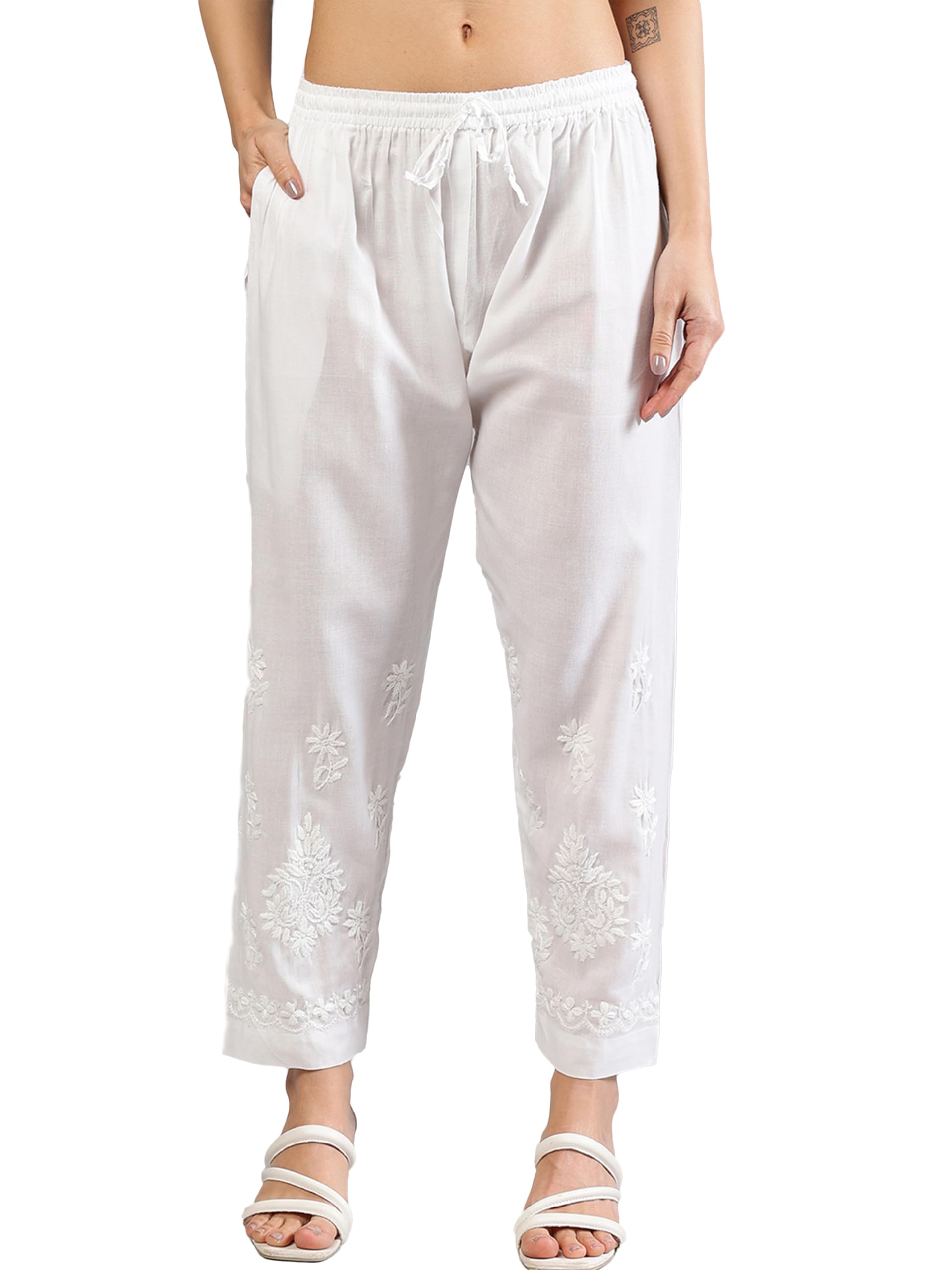 seva chikan Hand Embroidered Lucknowi Chikankari White Cotton Palazzo for Women SCL11038-picture-38
