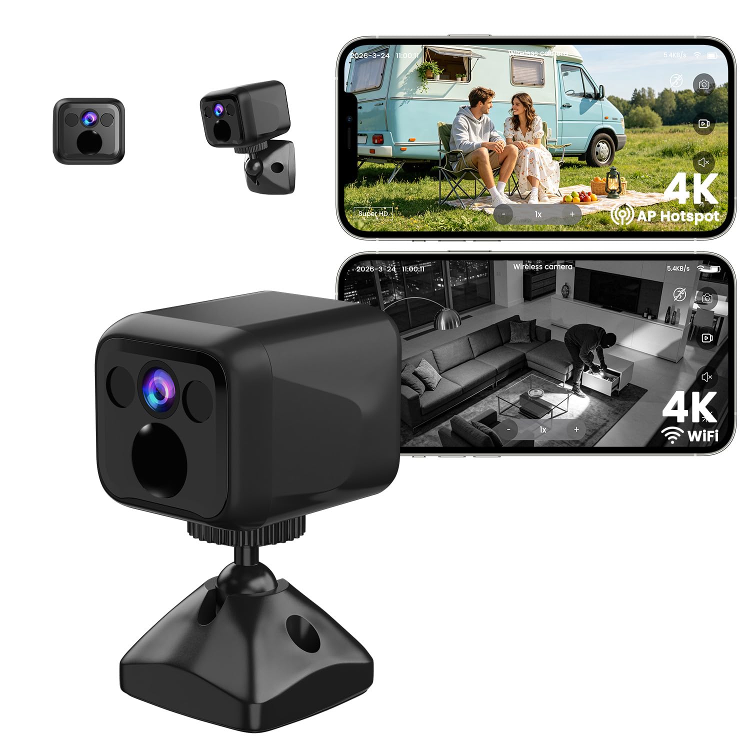 Mini Videosorveglianza Telecamera, 4K Camera de Surveillance sans Internet | WiFi o Modalità AP, 160 Giorni di Standby, Visione Notturna, Grandangolo, Rilevamento Movimento, per Bambini/Casa