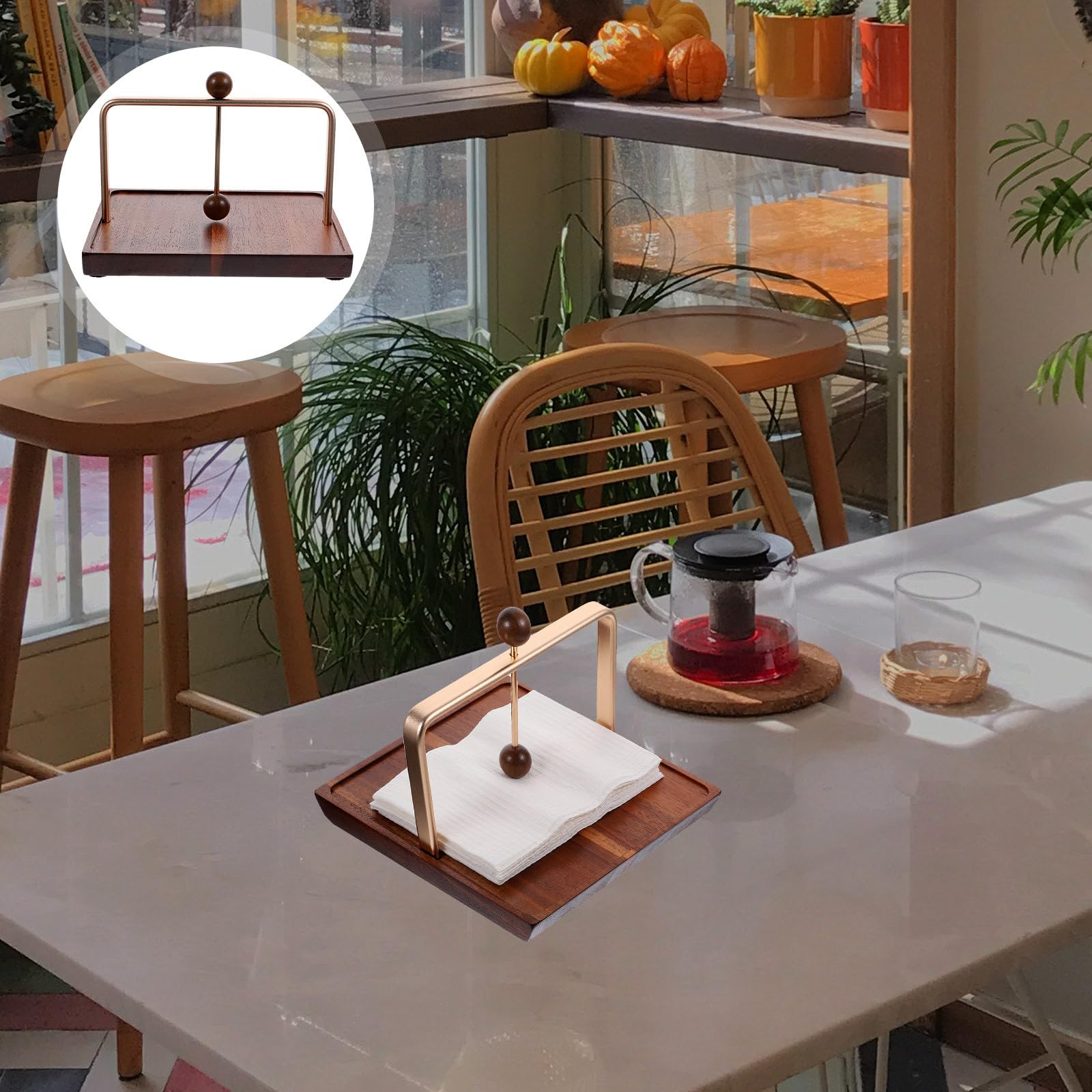 SHINEOFI Servilletero de Madera y Metal para Cocina, Soporte Pequeño para Servilletas de Papel, Dispensador Compacto para Mesa en Restaurante, Hogar y Cafetería, Accesorio Funcional