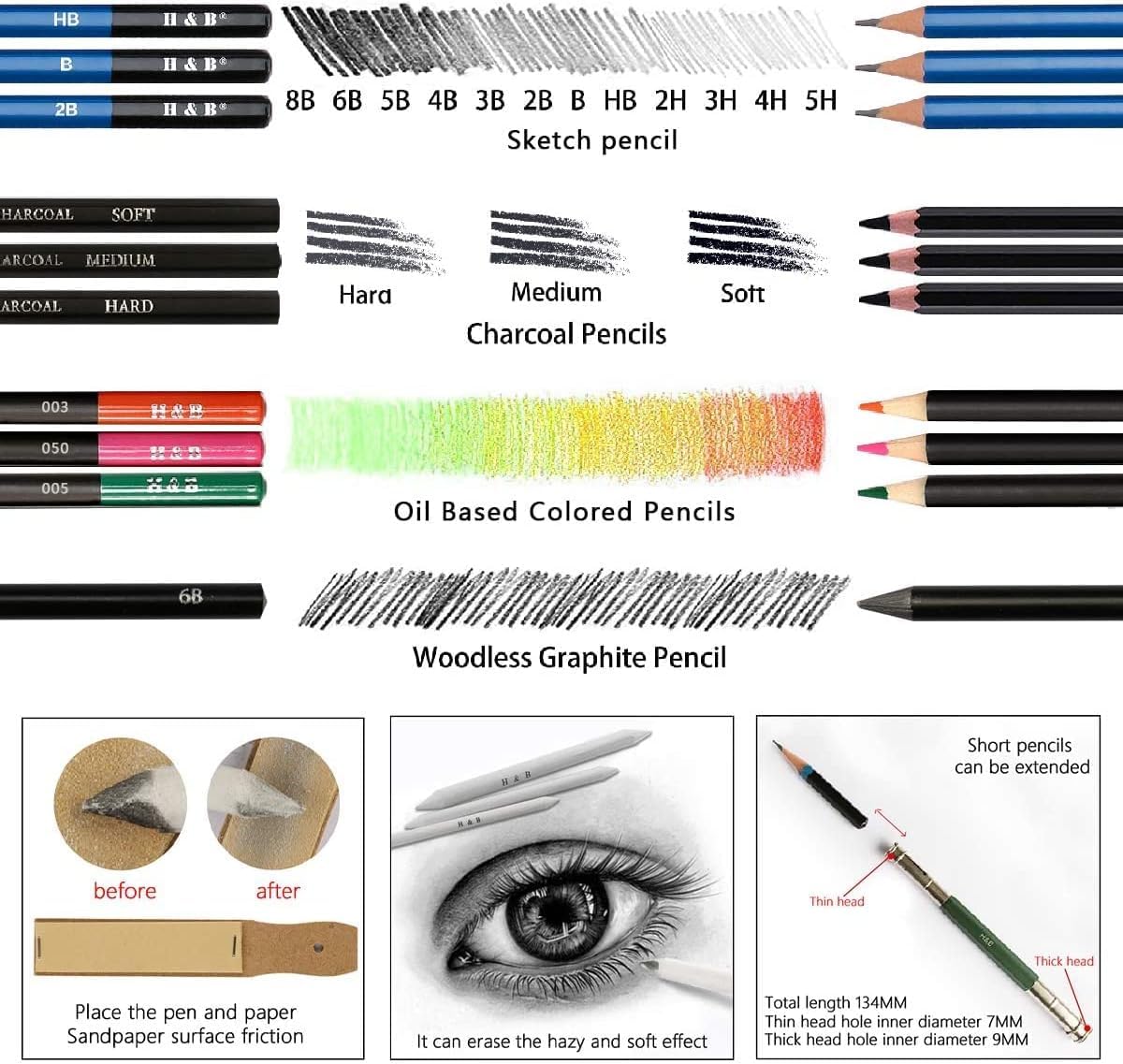Set da disegno per schizzi – grafite, carboncino e matite pastello, con
