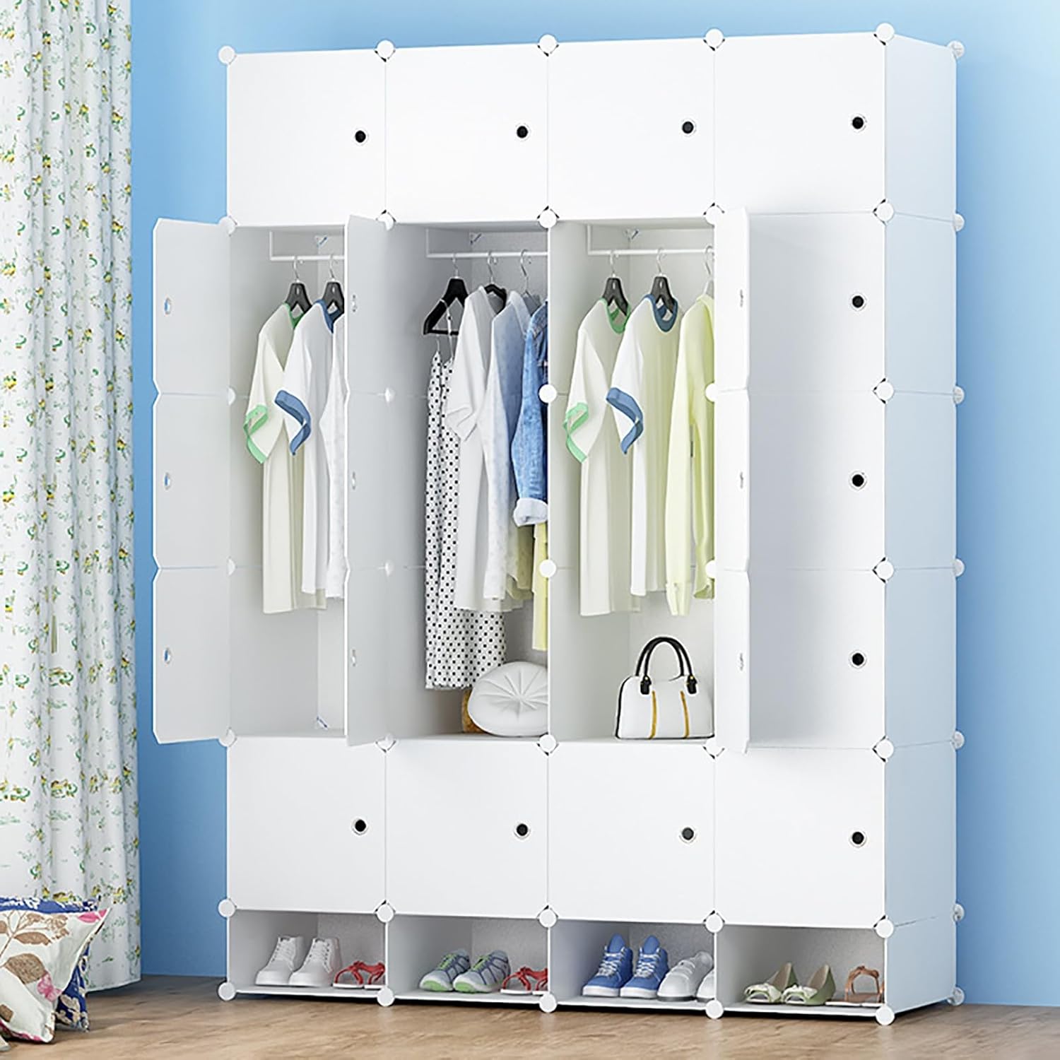 Floor-Standing Solid Wood Rotating Coat Rack，Foldable Portable Wardrobe & Plastic Shoe Rack - Versatile Organizer for Clothes, Shoes & Toys - Space-Saving Storage Solution for Bedroom, Hallw