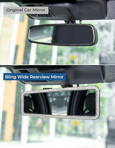 Miniatura 2 de JOYTUTUS Espejo retrovisor, universal de 11.81 pulgadas, accesorios panorámicos de retrovisor con diamantes de imitación brillantes, borde de
