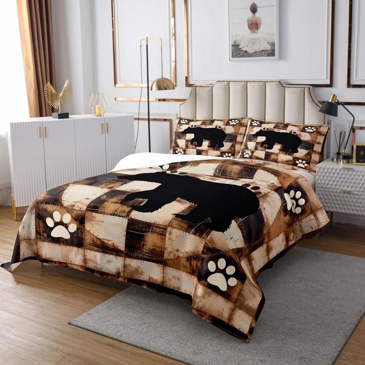 jejeloiu Rustic Bear Bedspread Wildlife Hunting Theme Bedspread for Kids Boys Girls Wild Animal Fur Coverlet Set Bear Paw Print Quilted Bedroom Collection 3Pcs Queen Size