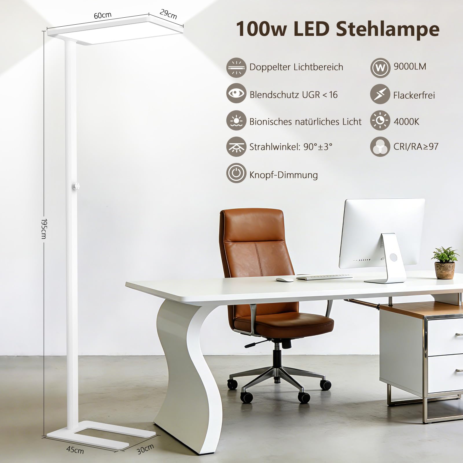 LES FLEURS 100W LED Stehlampe,9000lm Vollspektrum Augenpflege Leselampe, 195cm Stehlampe Dimmbar mit 4000K natürlichem Tageslicht, Stehlampe Wohnzimmer, Stehleuchte für Schlafzimmer, Studien und Büro