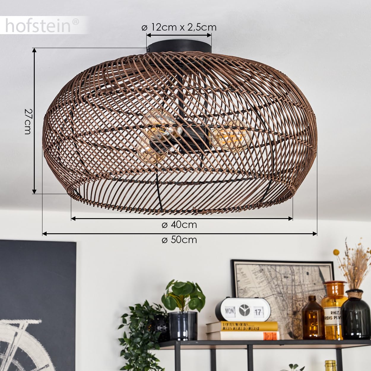 Plafoniera Brandala, lampada da soffitto moderna in metallo/rattan nero/marrone scuro, stile boho con un fantastico effetto luminoso sul soffitto, Ø 50 cm, 3 luci, x E27, senza lampadine