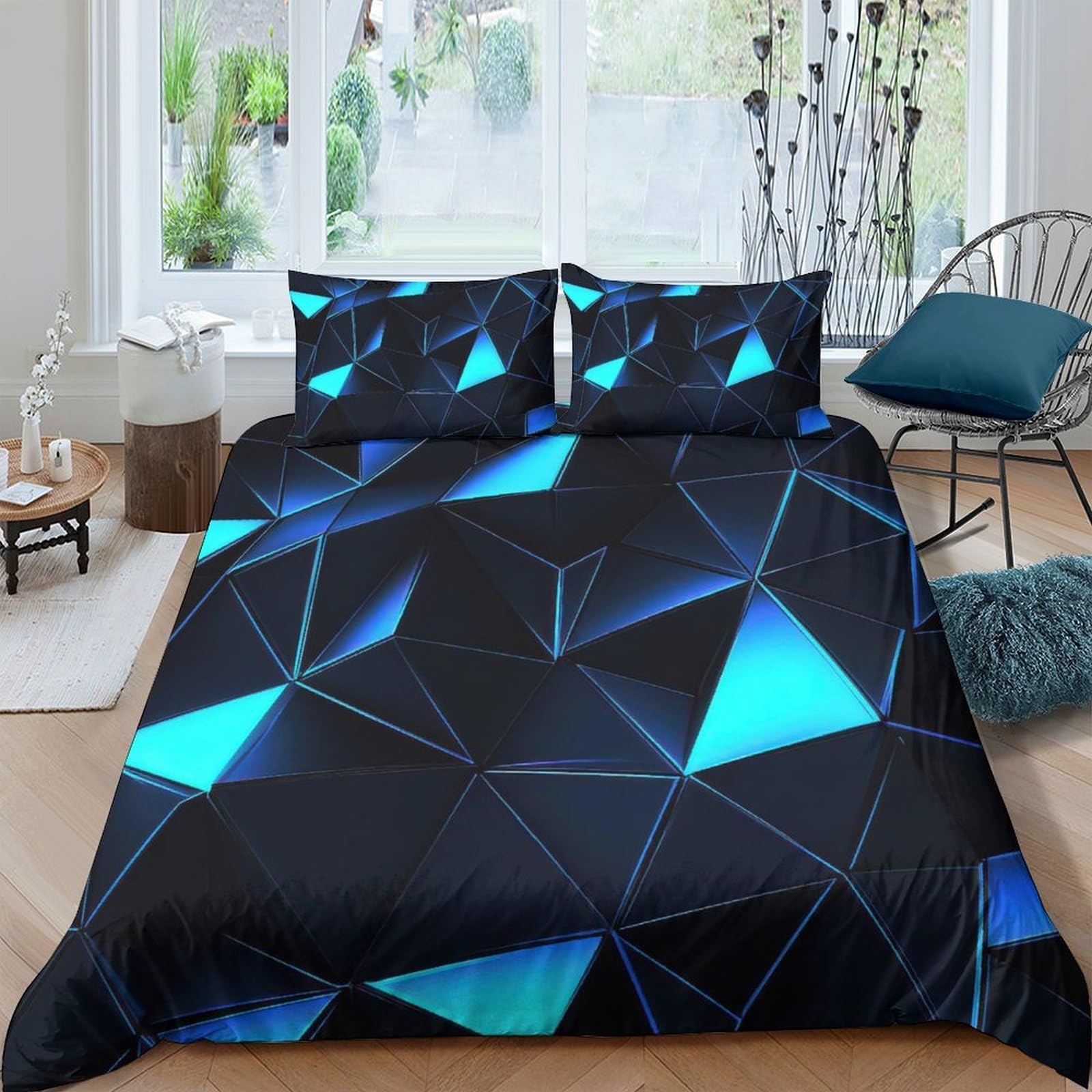 Ctjqhvkz Style-2 3D Printed Geometric Gradient Fitted Sheet Microfiber Soft Breathable Blue Triangle Bed Cover For Bedroom Dorm Mattress Decor Single（135X200cm）