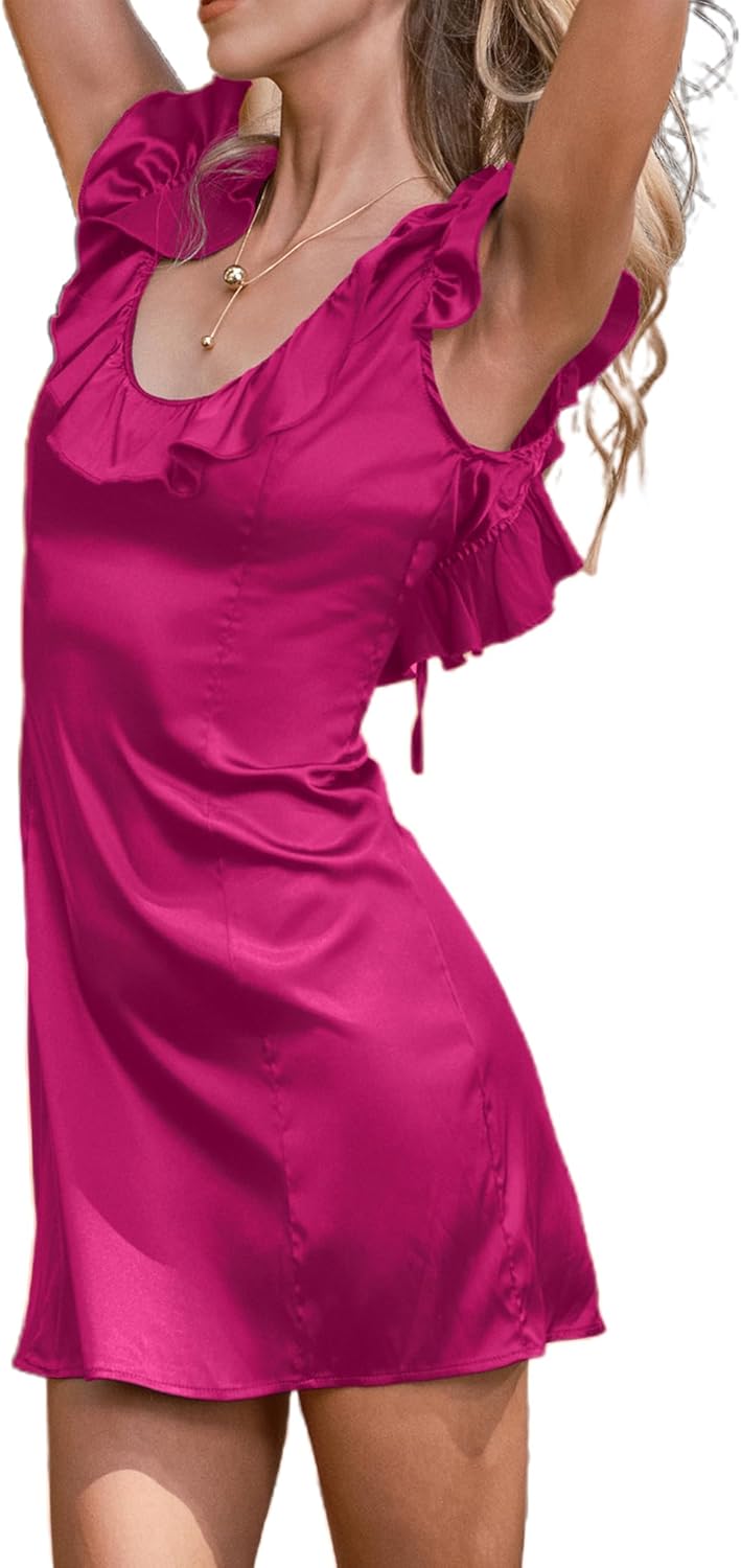 HYPERFIRE Women's Formal Cocktail Satin Dresses Sleeveless Tie Back Mini Dress Short - Image 3