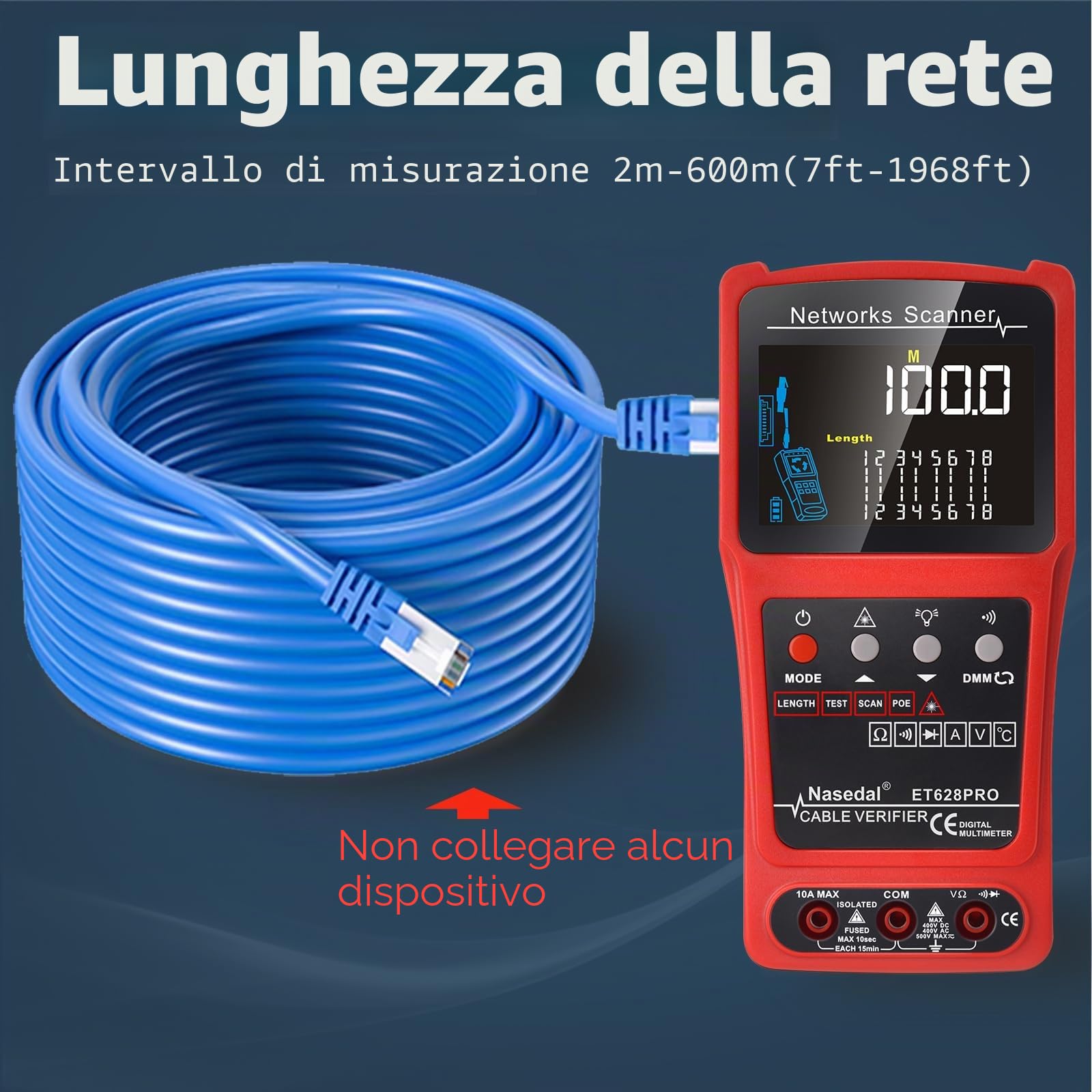 Network Cable Tester Wire Tracker Tone Generator Ethernet Tester Multimetro VFL 3 in 1 RJ45 CAT5 CAT6 CAT7 CAT8 RJ11 Tone BNC Tester PoE Test Cable Length Cable