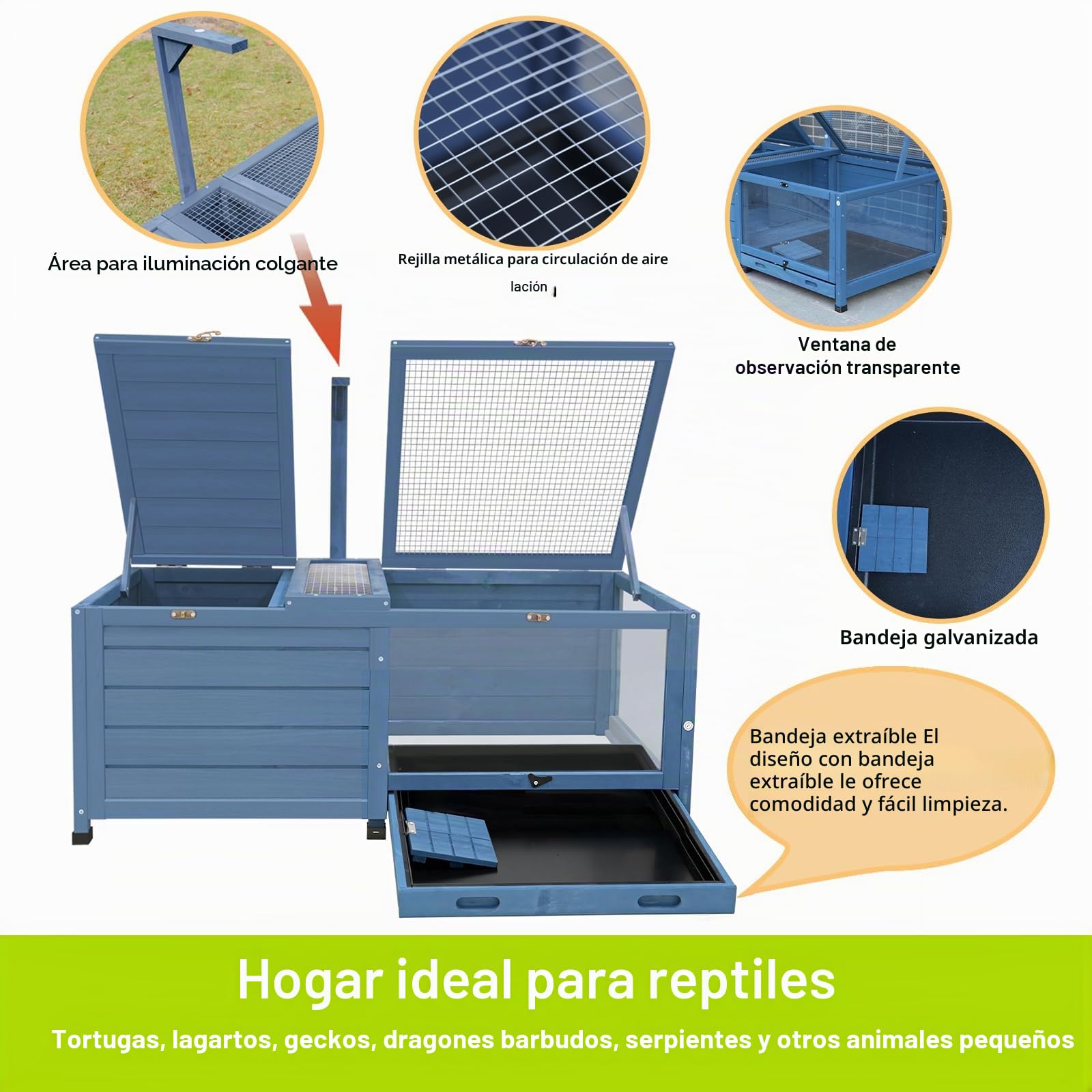 Gran casa de tortugas de madera maciza, recinto para reptiles interior/exterior con bandeja extraíble y ventilación, ideal para tortugas, lagartos, geckos y dragones barbudos